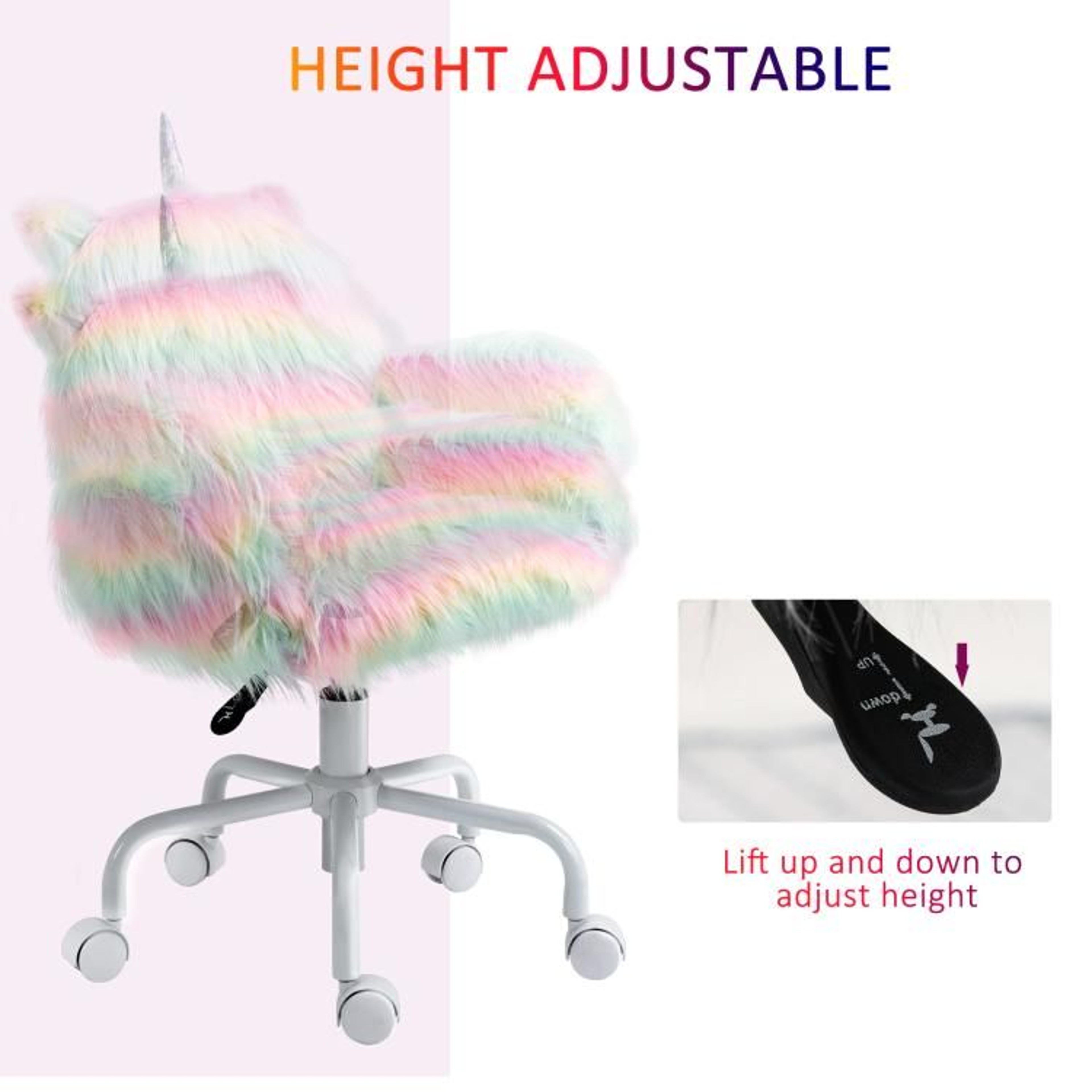 Fluffy Rainbow Unicorn Office Chair With Adjustable Height And Swivel Wheels 6