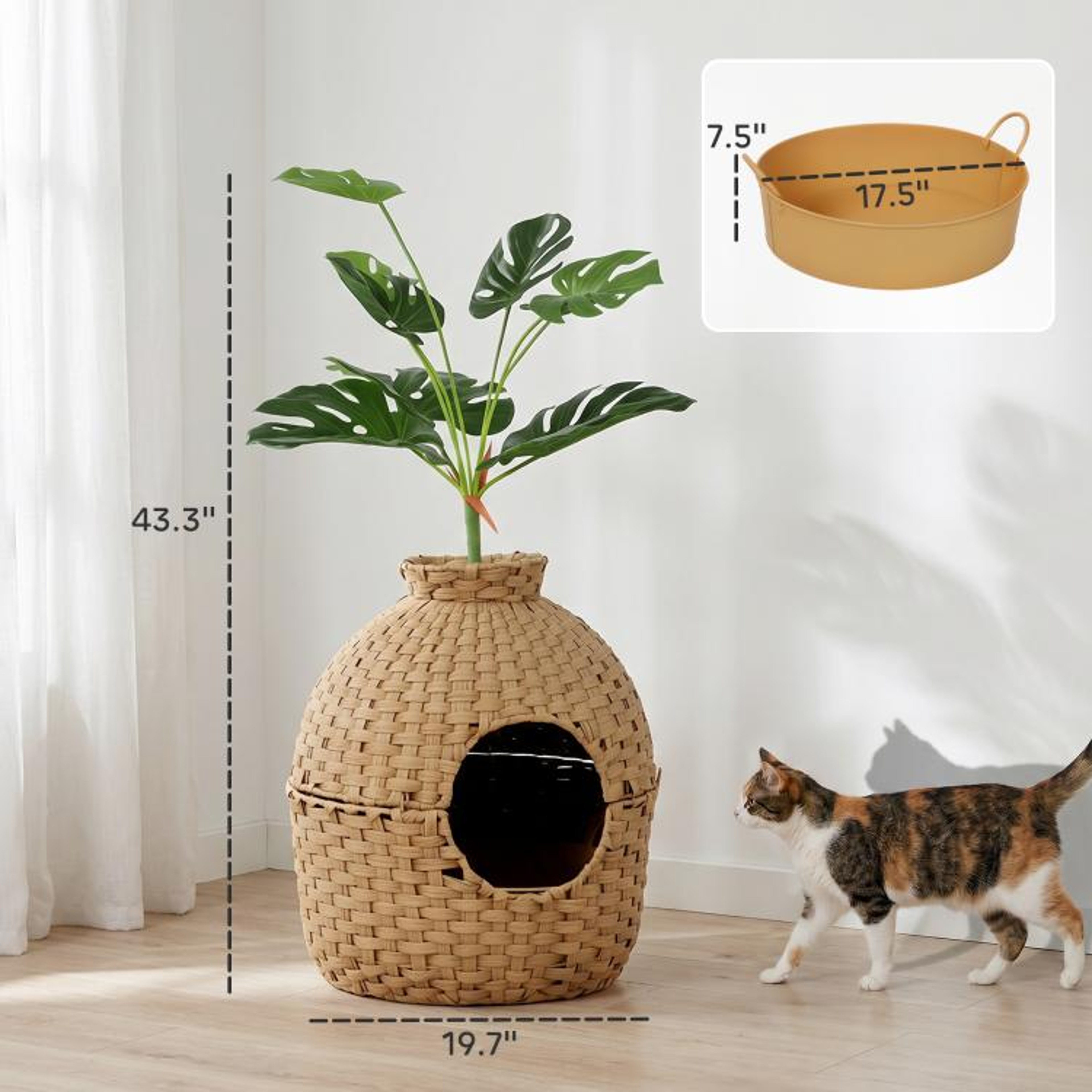 Hidden Cat Litter Box Enclosure With Faux Plant And Stainless Steel Tray 4