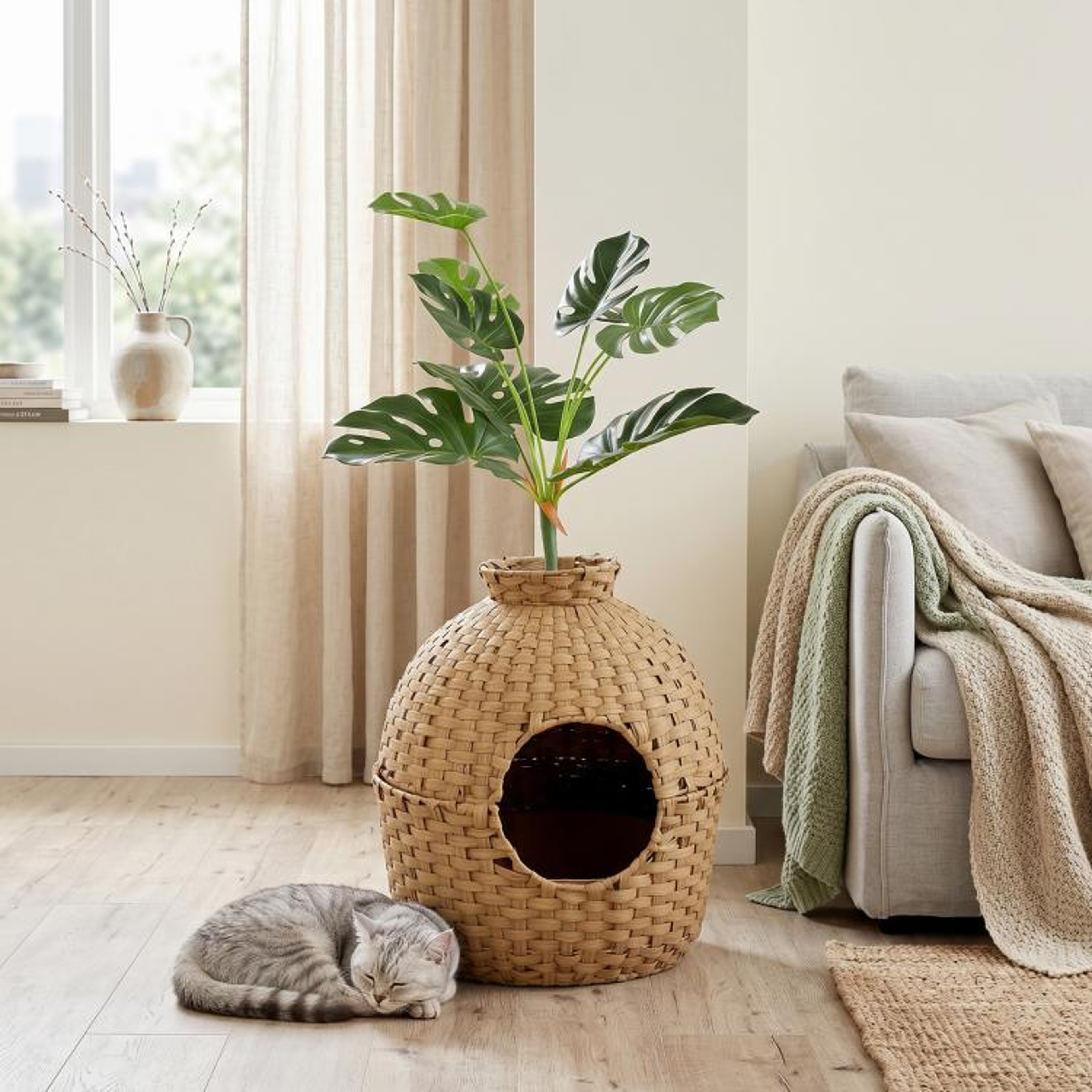 Hidden Cat Litter Box Enclosure With Faux Plant And Stainless Steel Tray 3