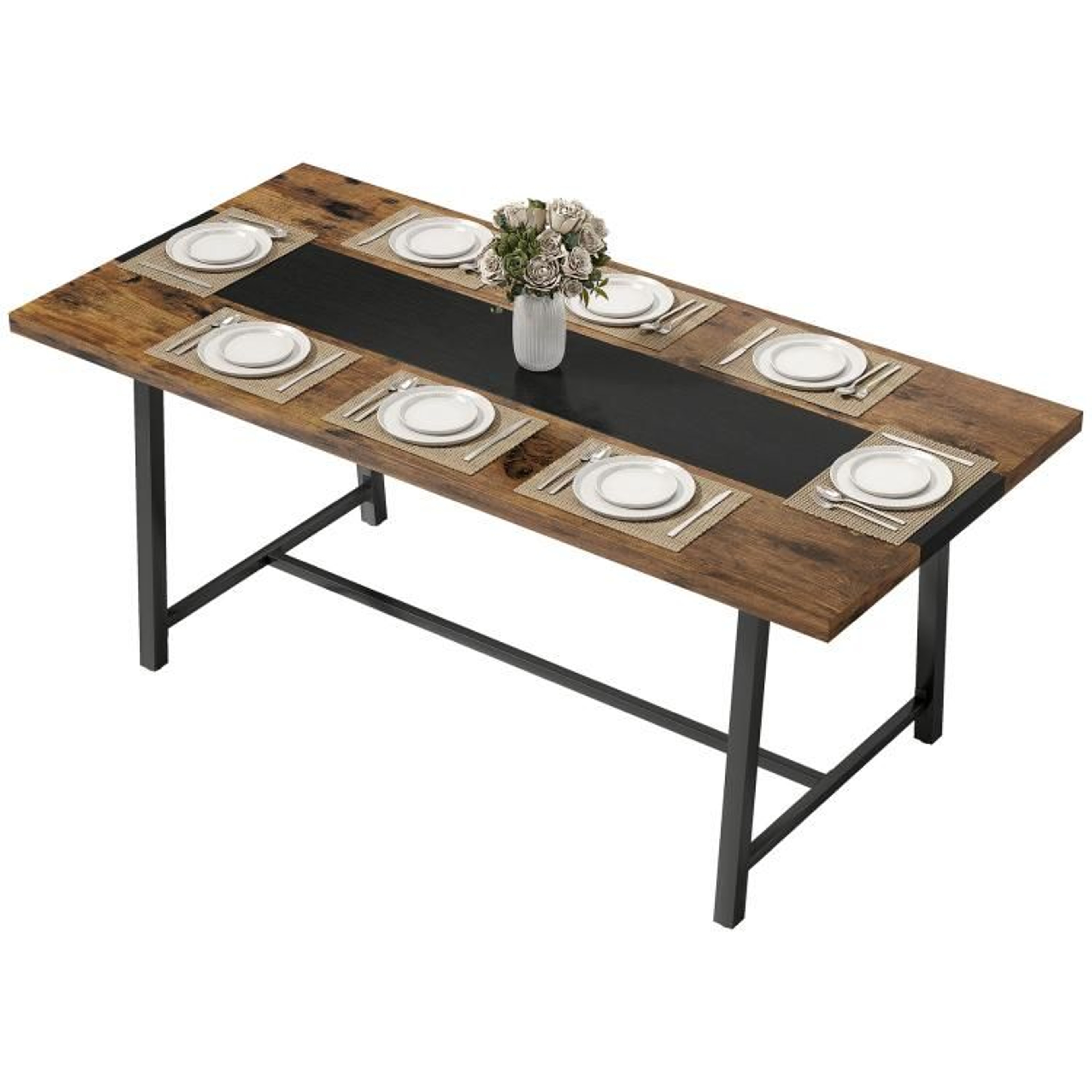709Inch Industrial Dining Table For 8 With Rustic Brown Top And Steel Legs 1