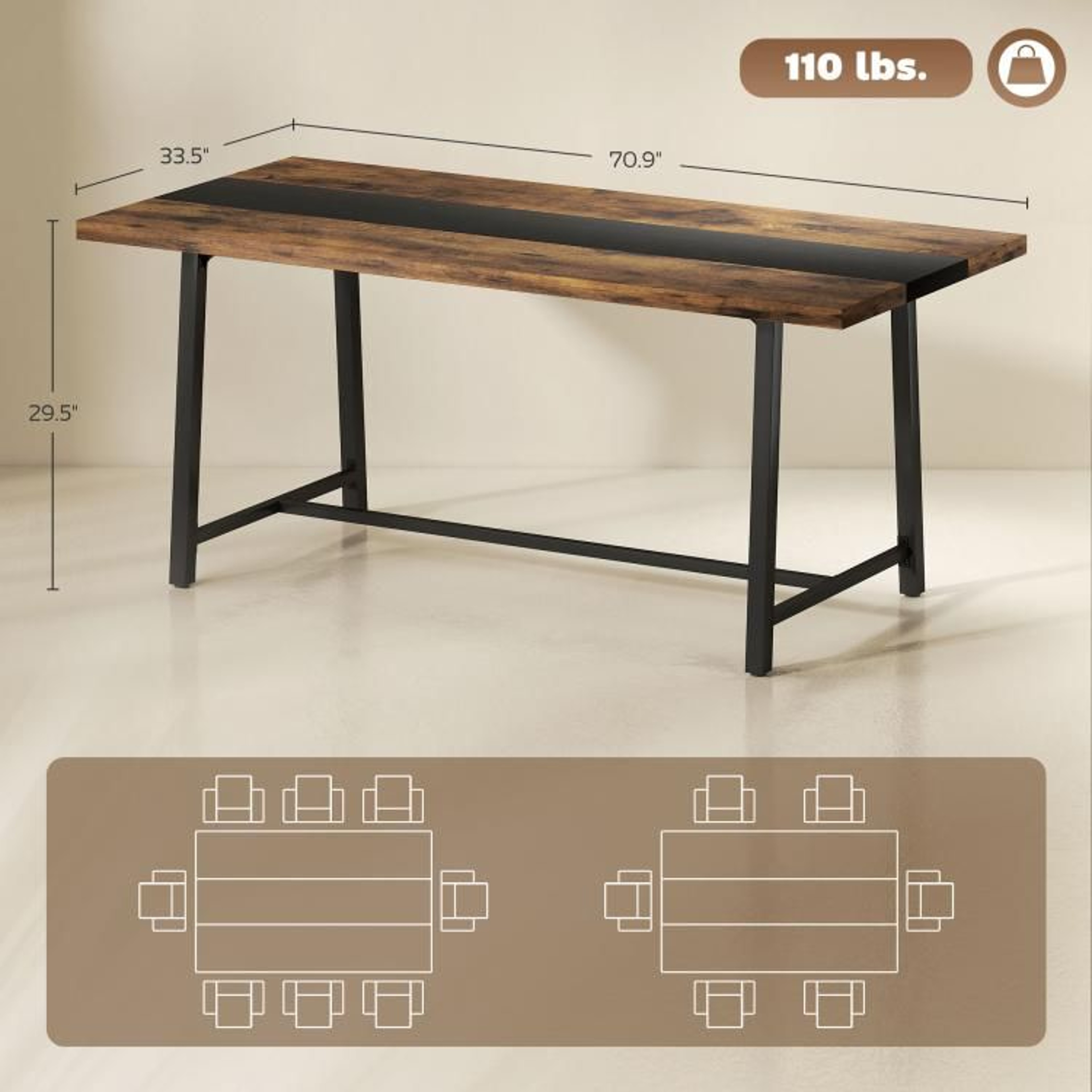 709Inch Industrial Dining Table For 8 With Rustic Brown Top And Steel Legs 4