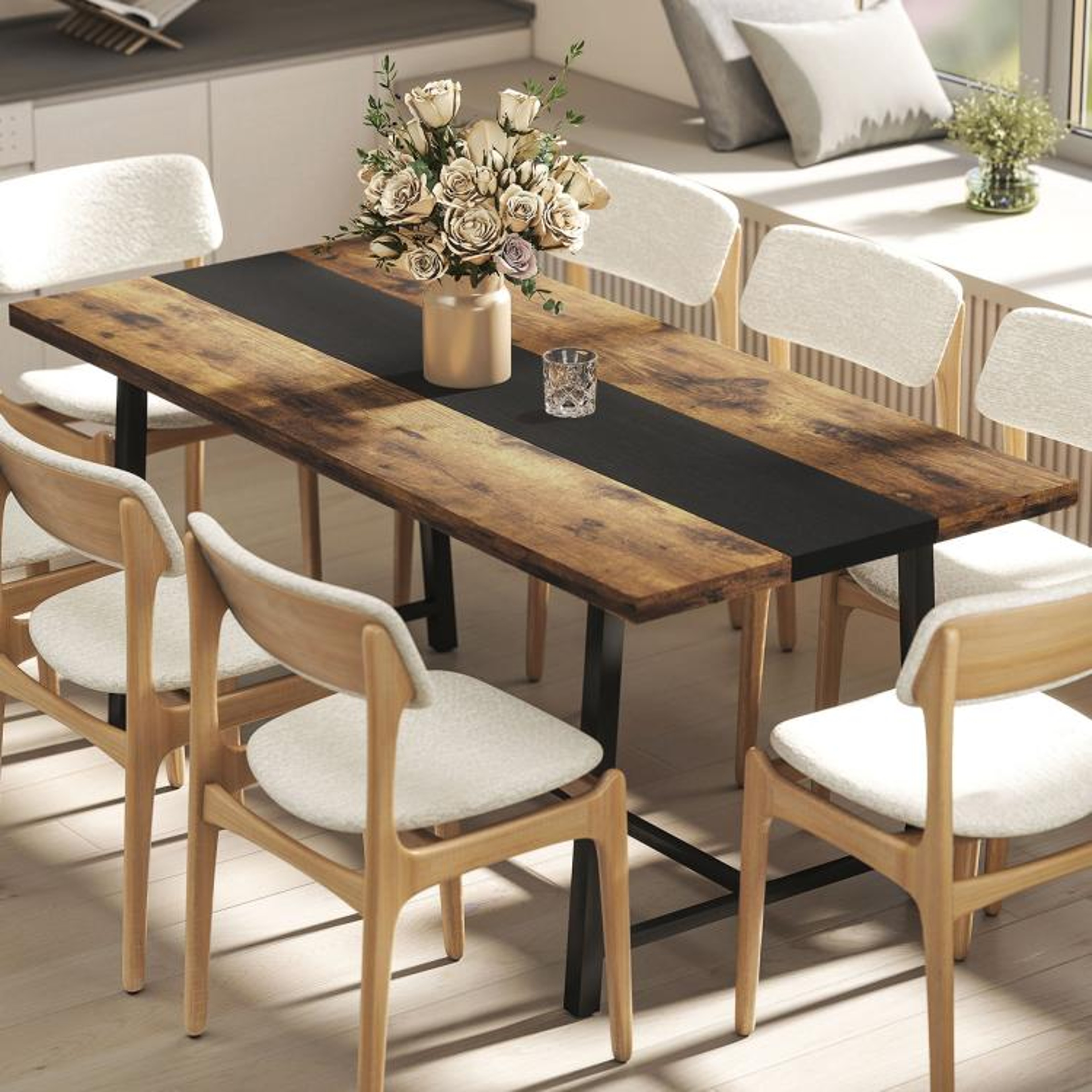 709Inch Industrial Dining Table For 8 With Rustic Brown Top And Steel Legs 0