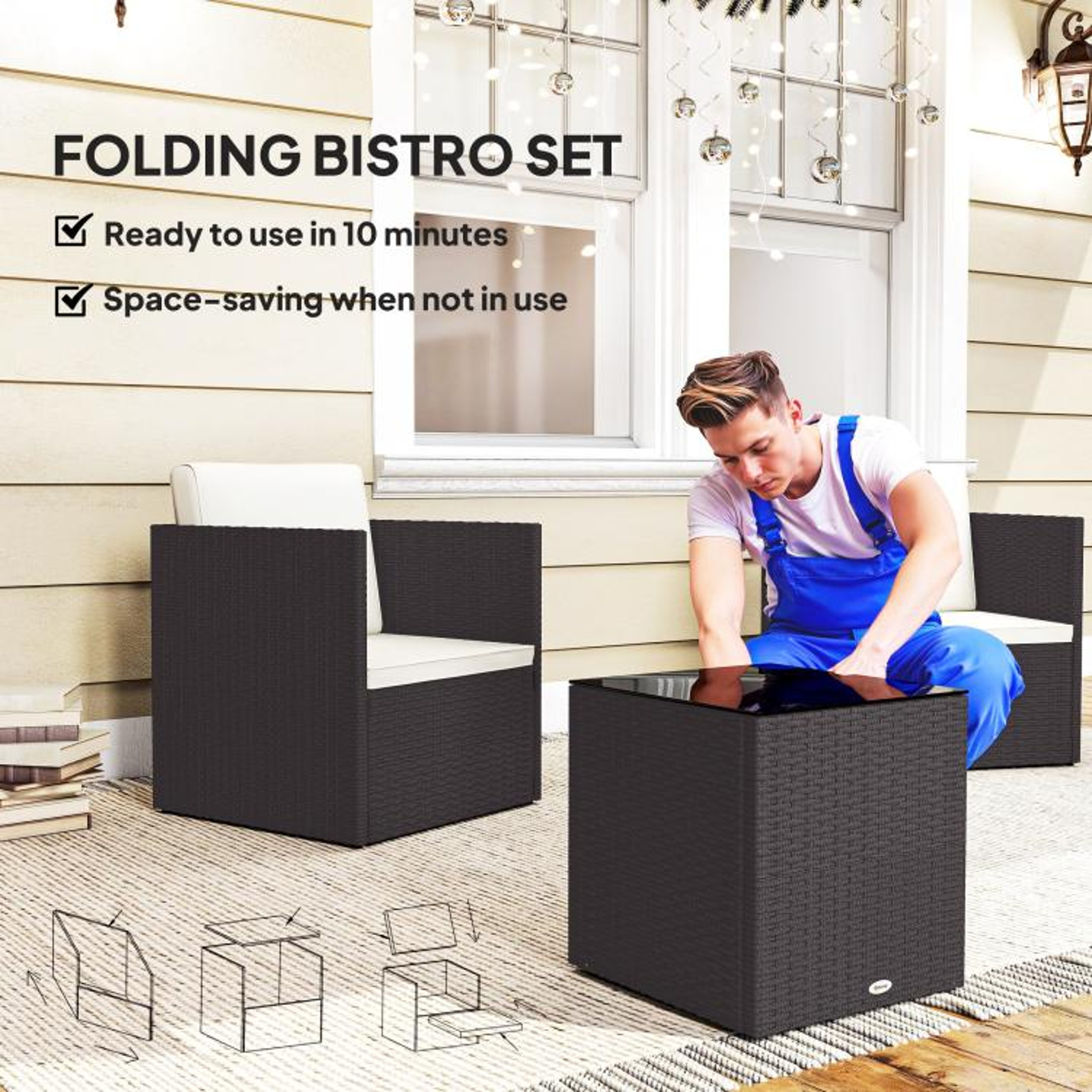 3Piece Folding Wicker Patio Bistro Set With Cushions And Glass Table  Brown 6