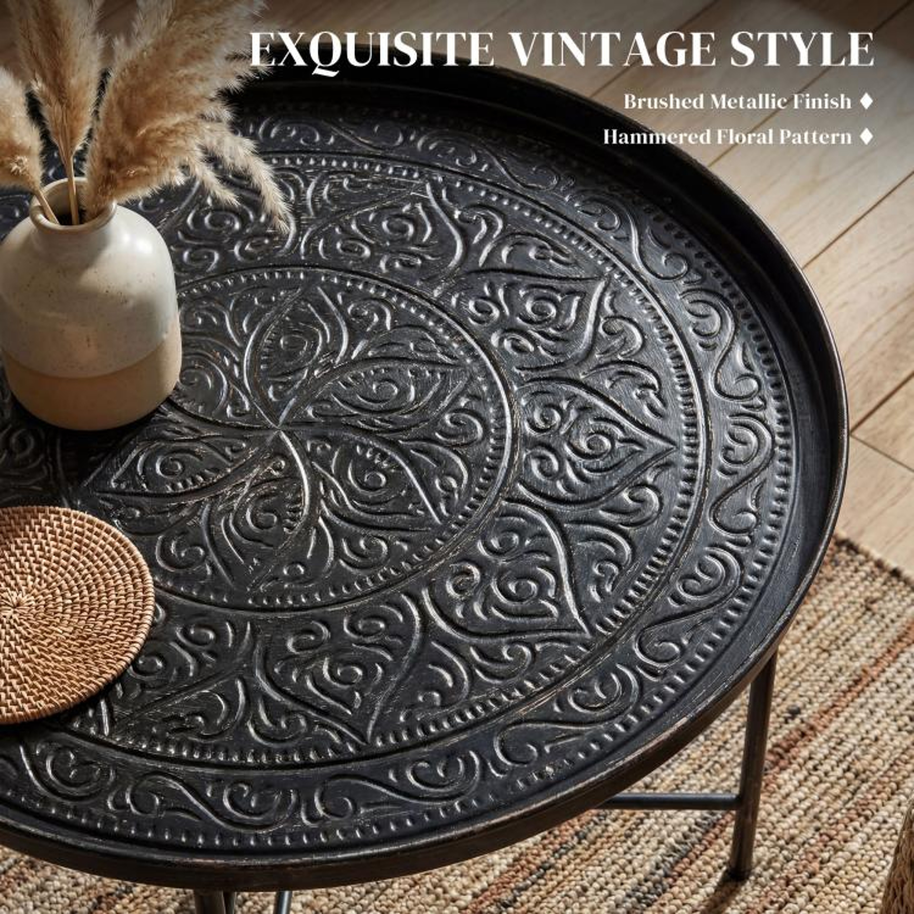 24Inch Round Coffee Table With Hammered Floral Tray Top In Pewter 4