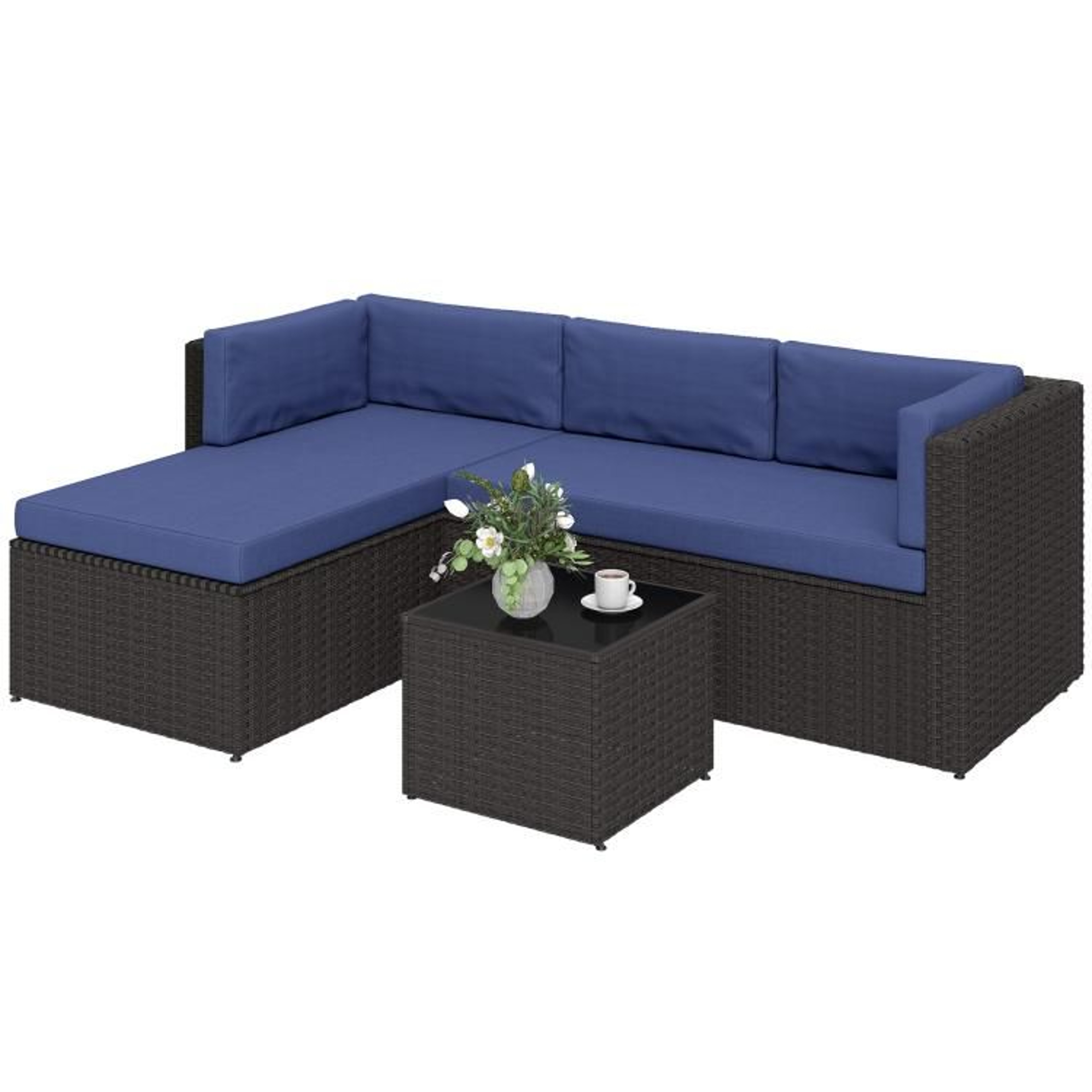 3Piece Wicker Patio Furniture Set With Navy Blue Cushions And Glass Top Table 0