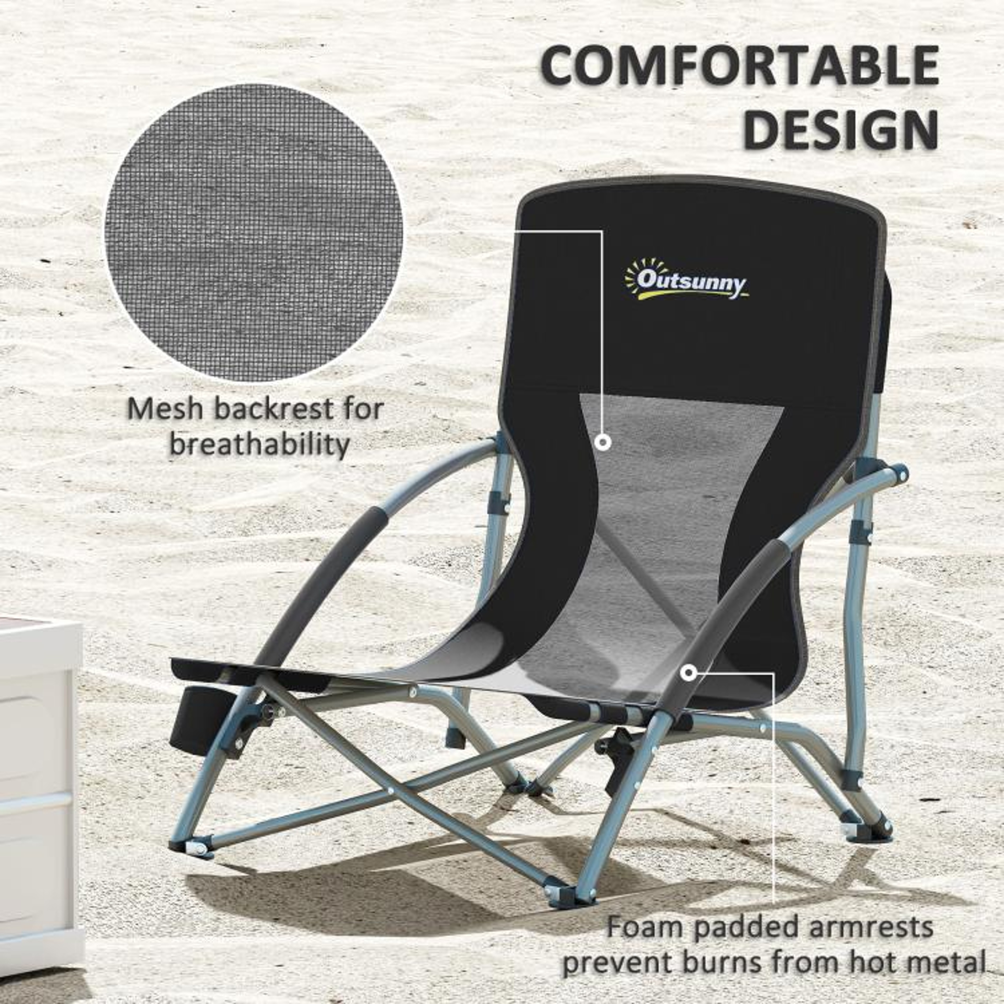 Set Of 2 Folding Beach Chairs With Mesh Back And Cup Holders  Black 5
