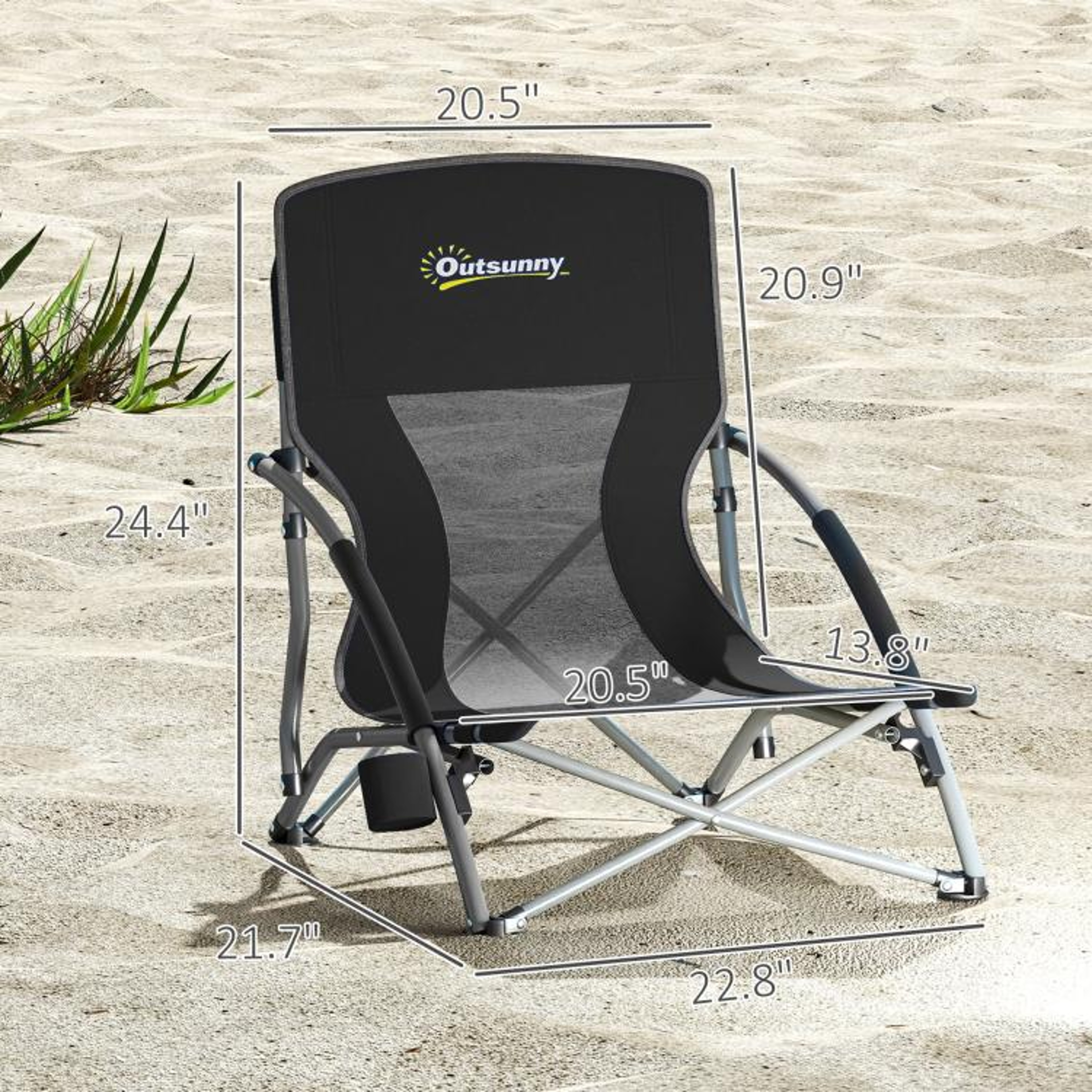 Set Of 2 Folding Beach Chairs With Mesh Back And Cup Holders  Black 4