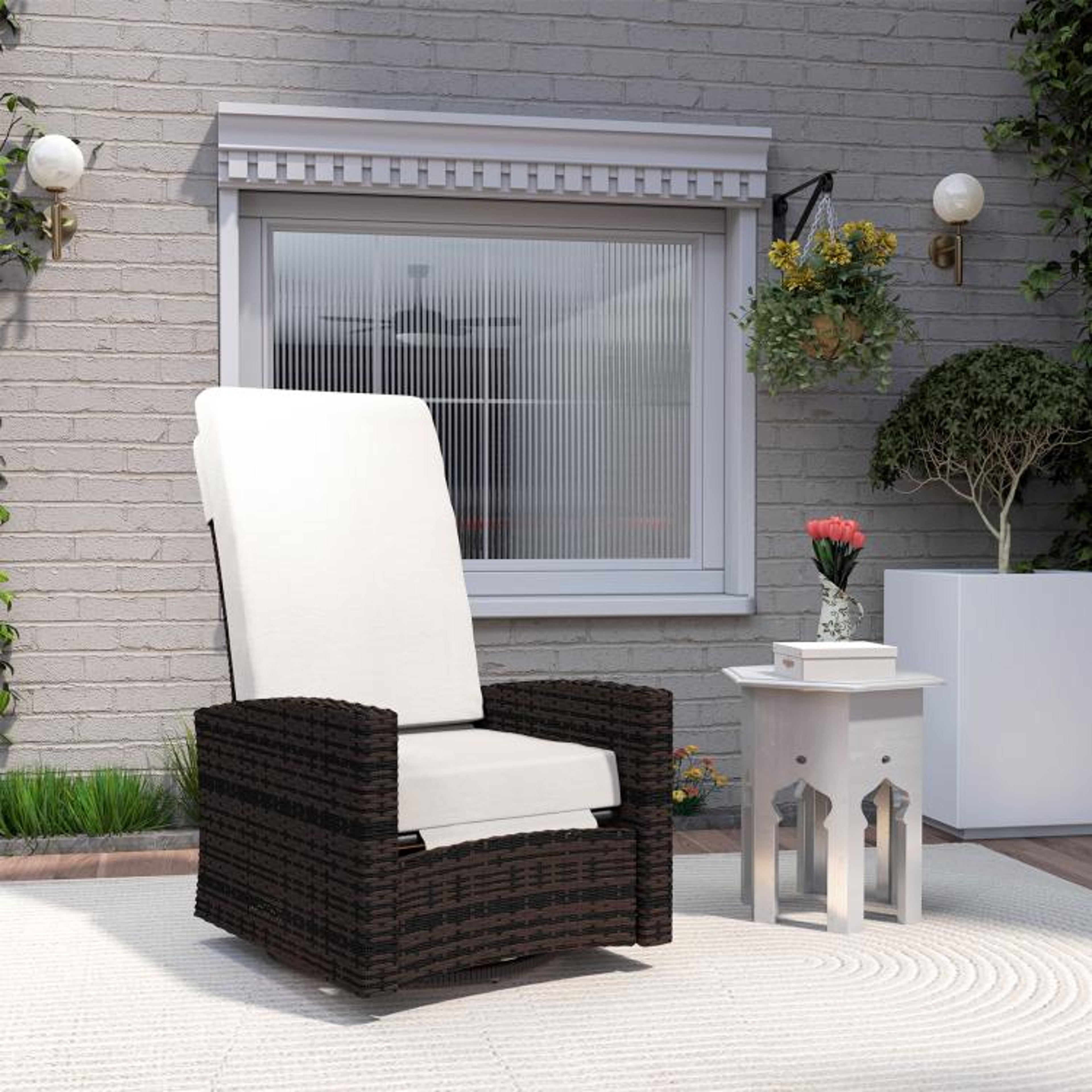 Outdoor Wicker Swivel Recliner Chair With Footrest And Khaki Cushions 3
