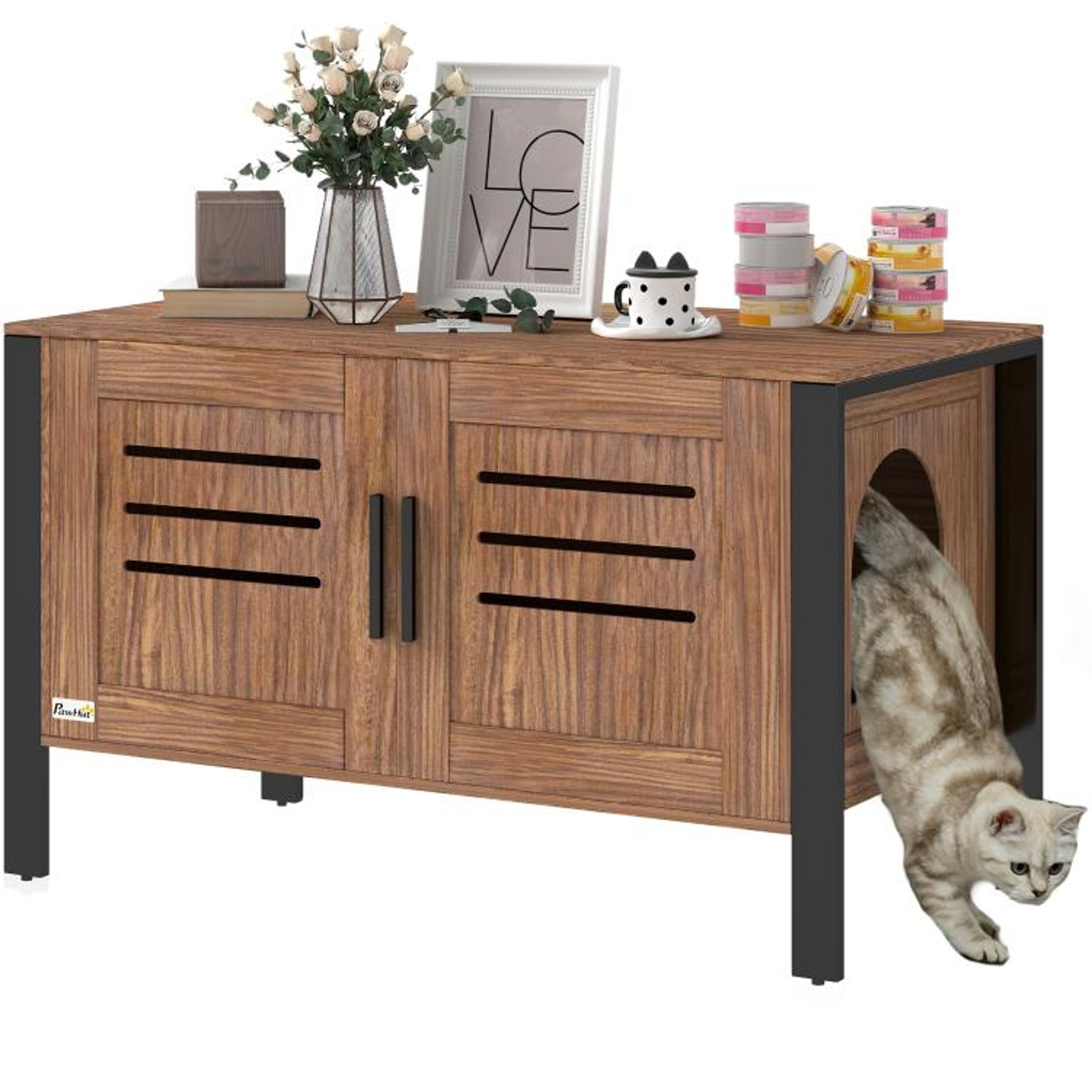 Cat Litter Box Enclosure With Scratching Board And Elevated Legs  Dark Brown 0