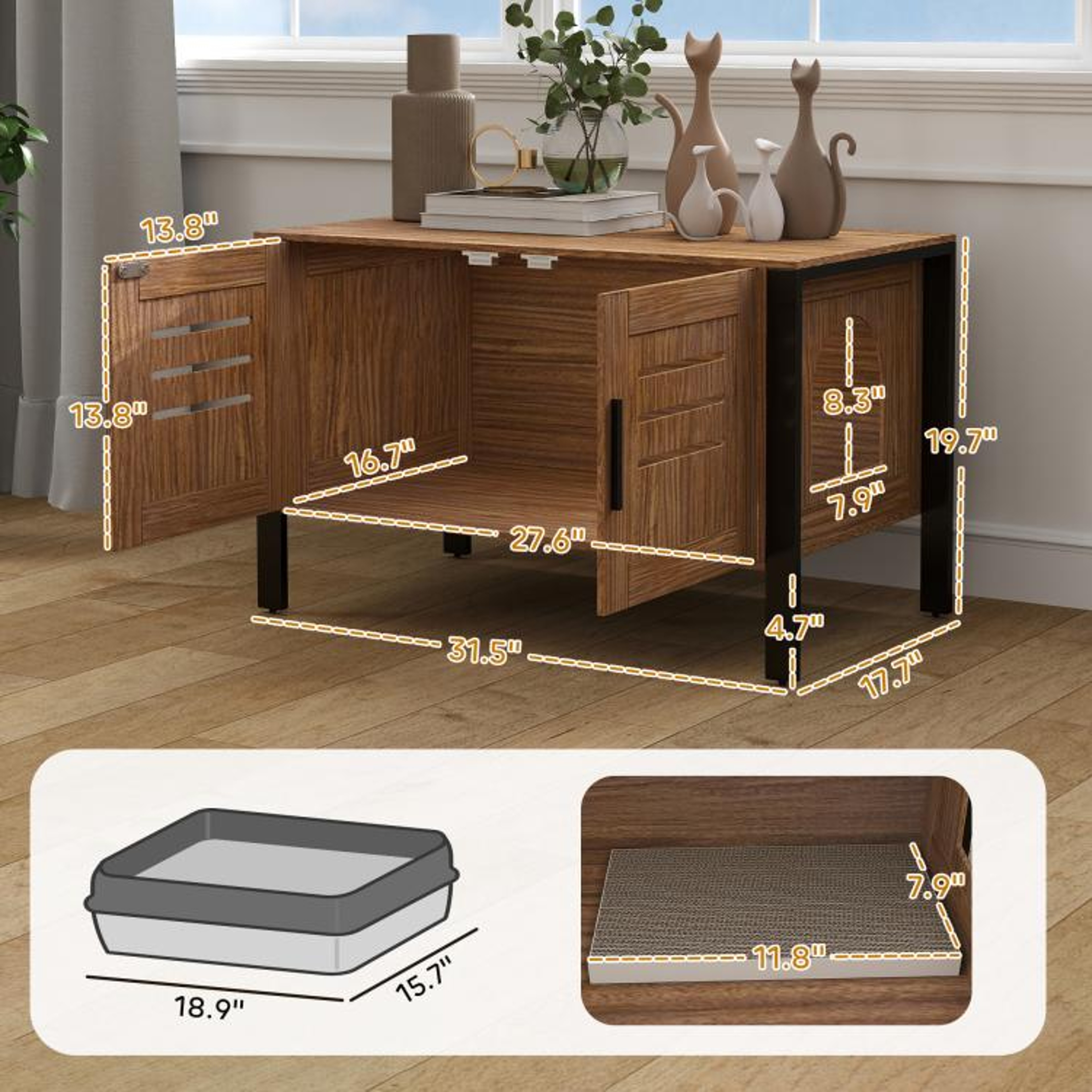 Cat Litter Box Enclosure With Scratching Board And Elevated Legs  Dark Brown 4
