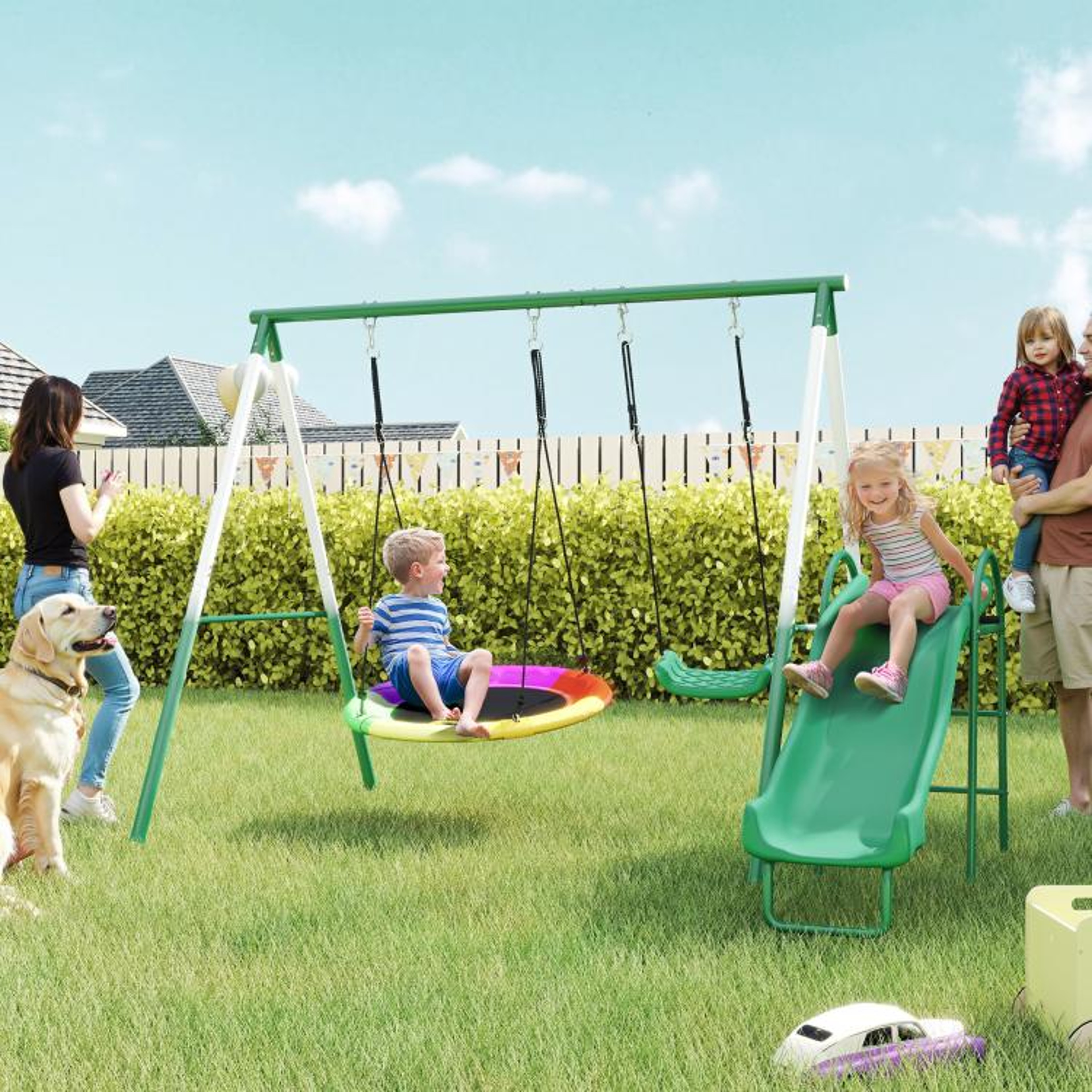 Kids Metal Swing Set With Slide And Saucer Swing For Backyard Play 2