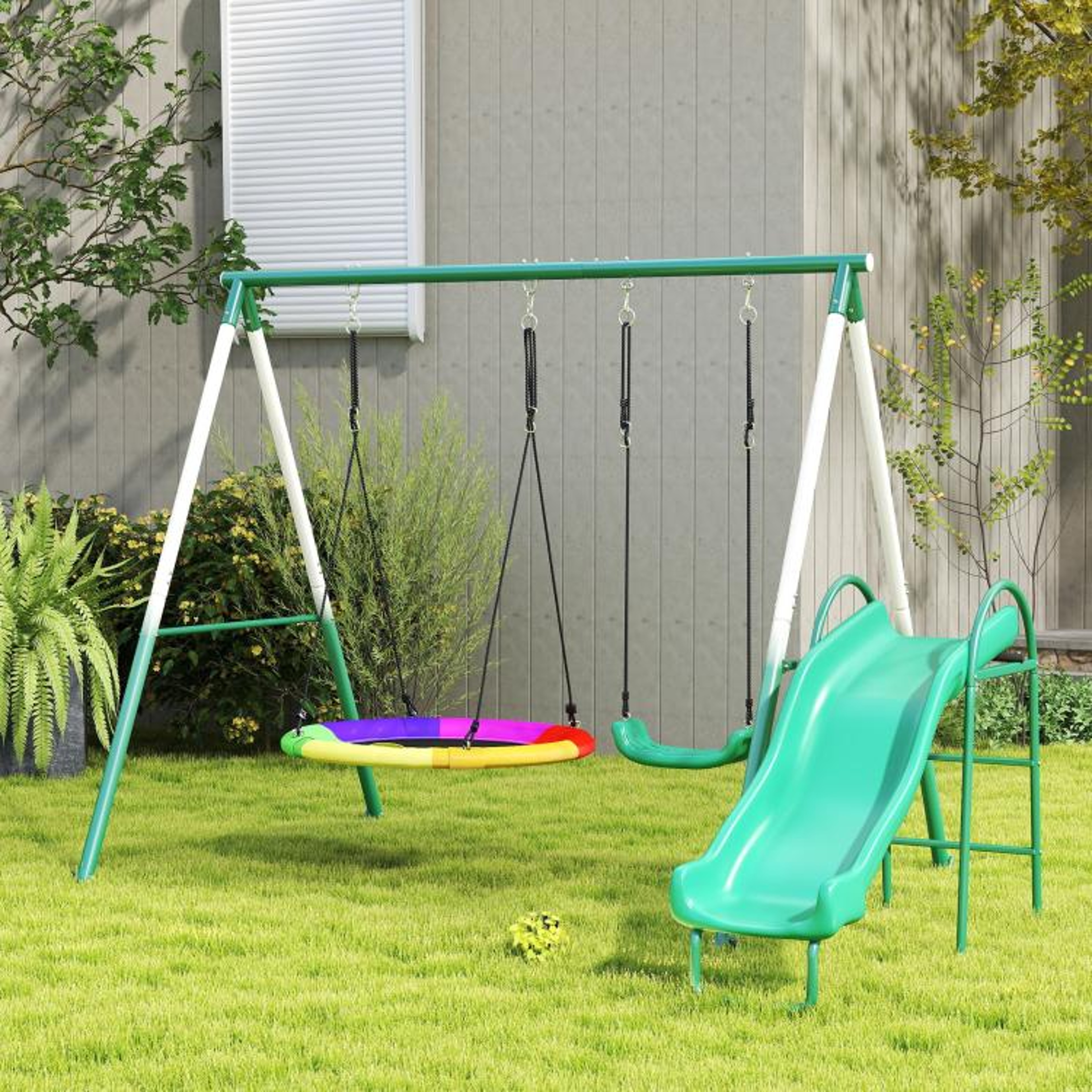 Kids Metal Swing Set With Slide And Saucer Swing For Backyard Play 3