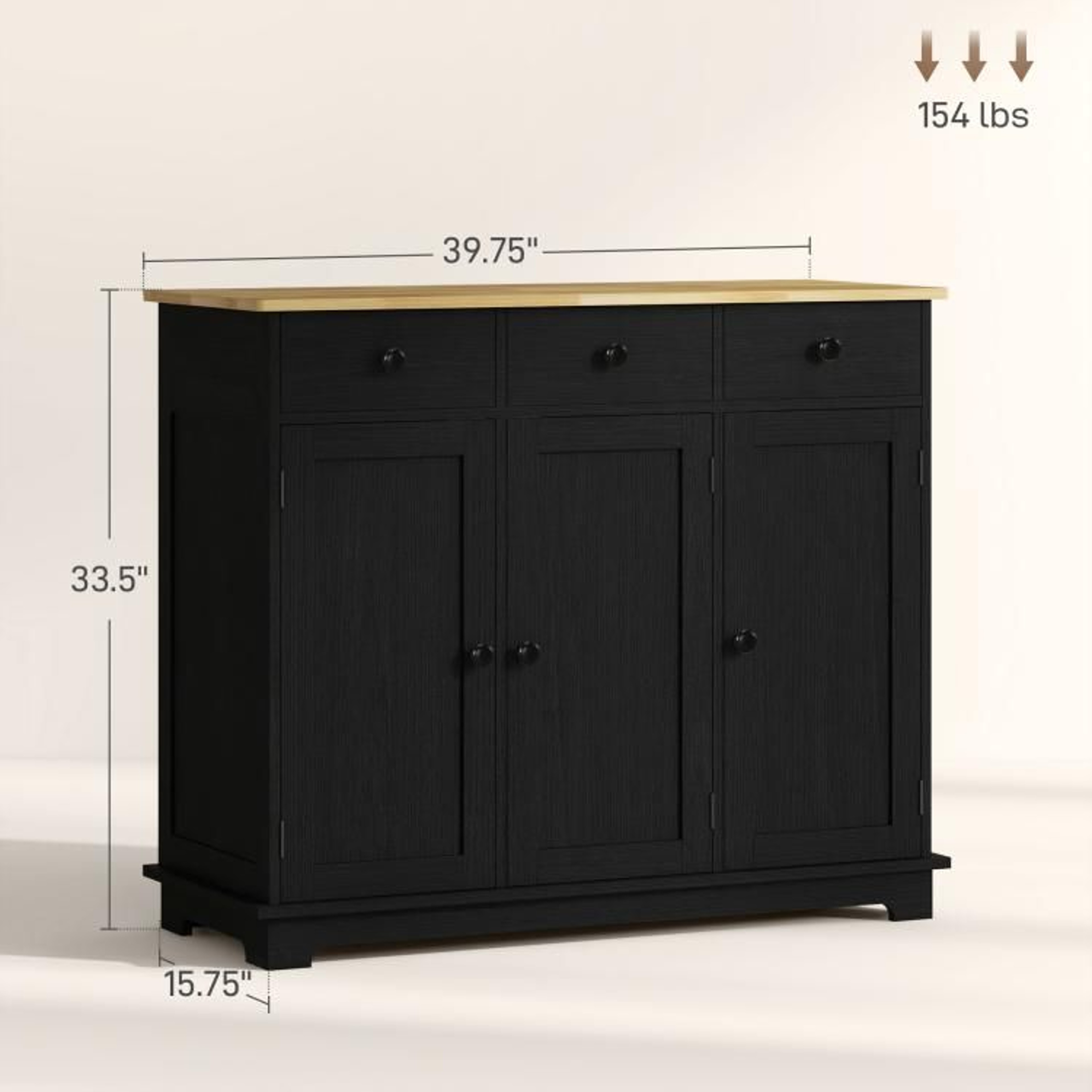 Kitchen Storage Cabinet With Solid Wood Top And 3 Drawers  Black Wood Grain 4