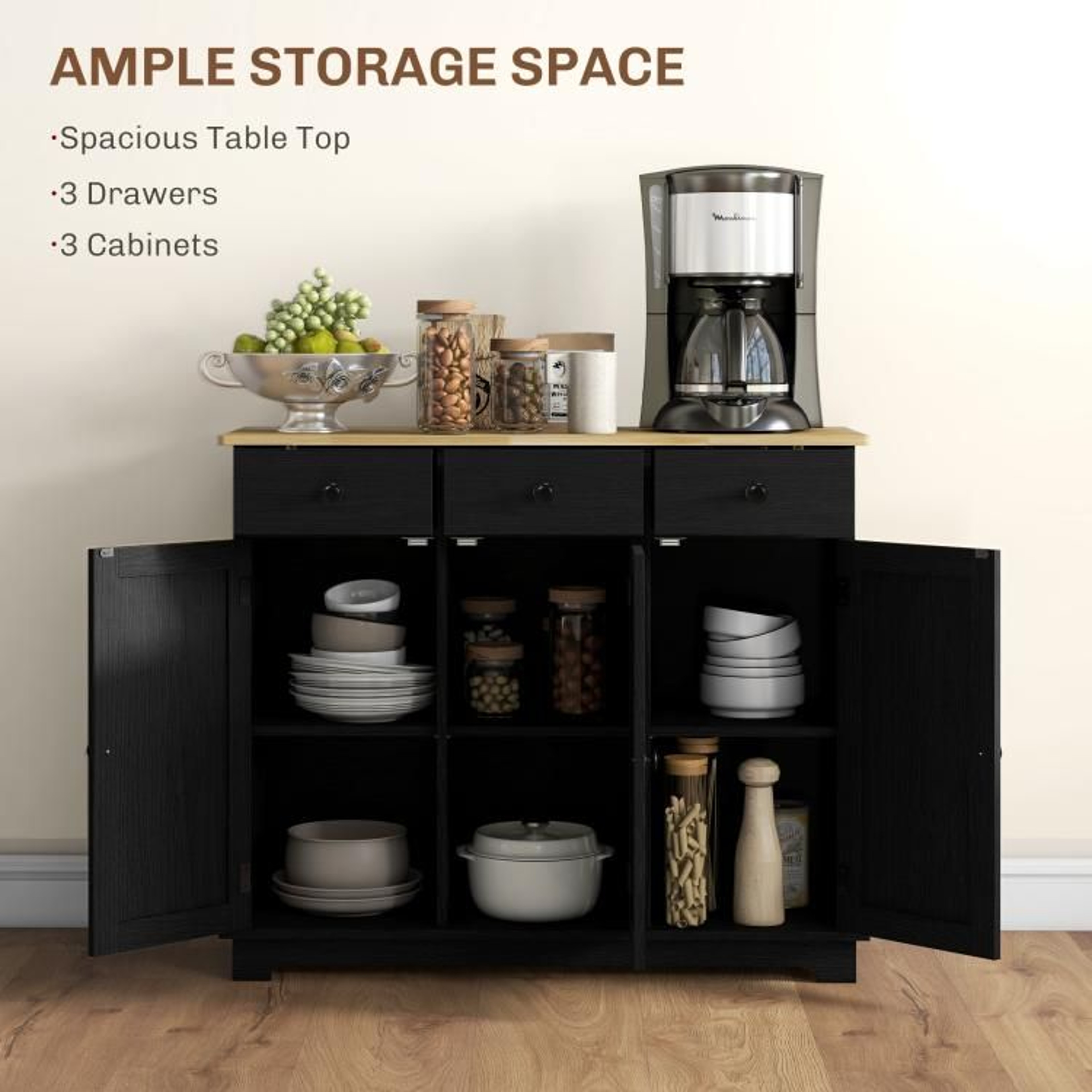 Kitchen Storage Cabinet With Solid Wood Top And 3 Drawers  Black Wood Grain 6