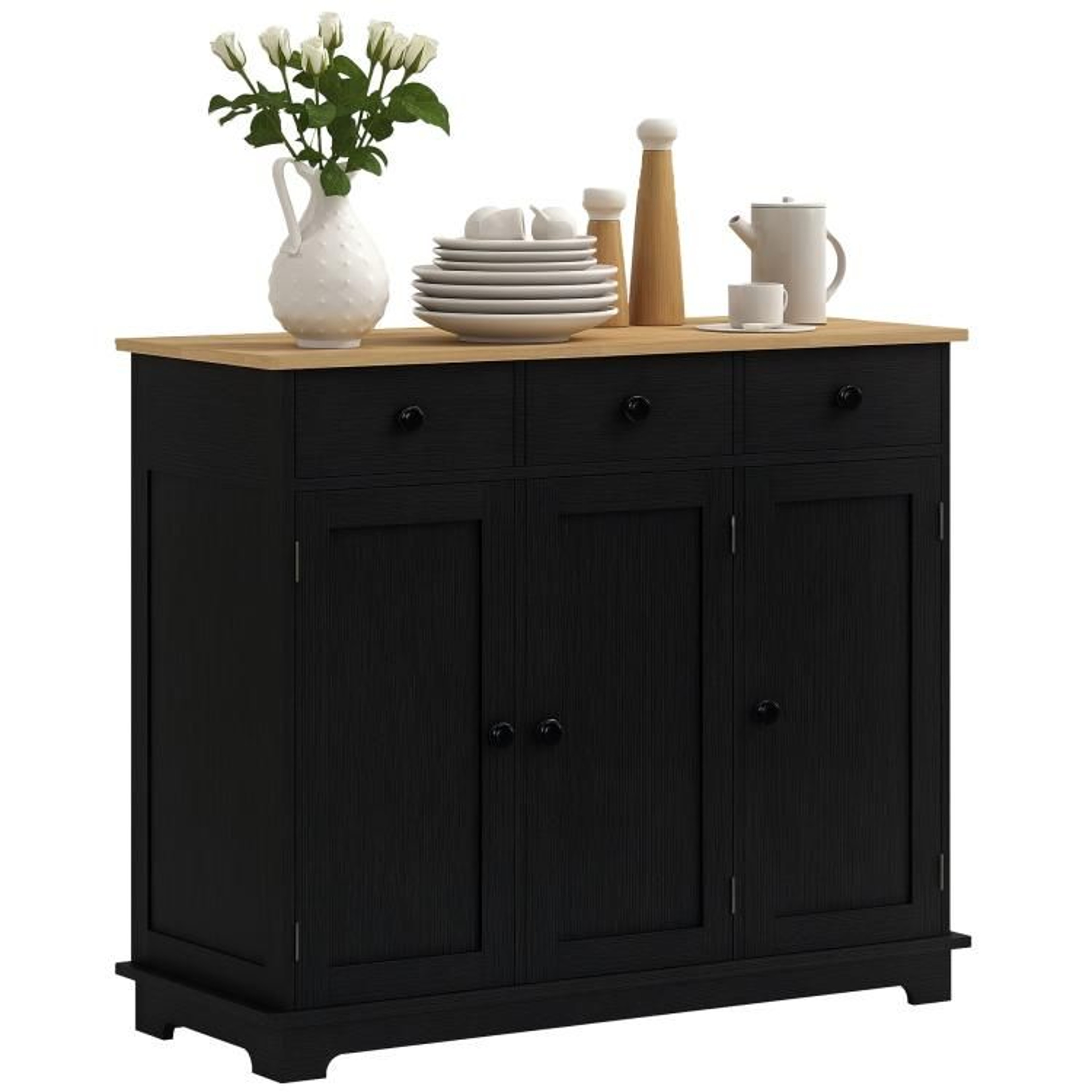 Kitchen Storage Cabinet With Solid Wood Top And 3 Drawers  Black Wood Grain 0