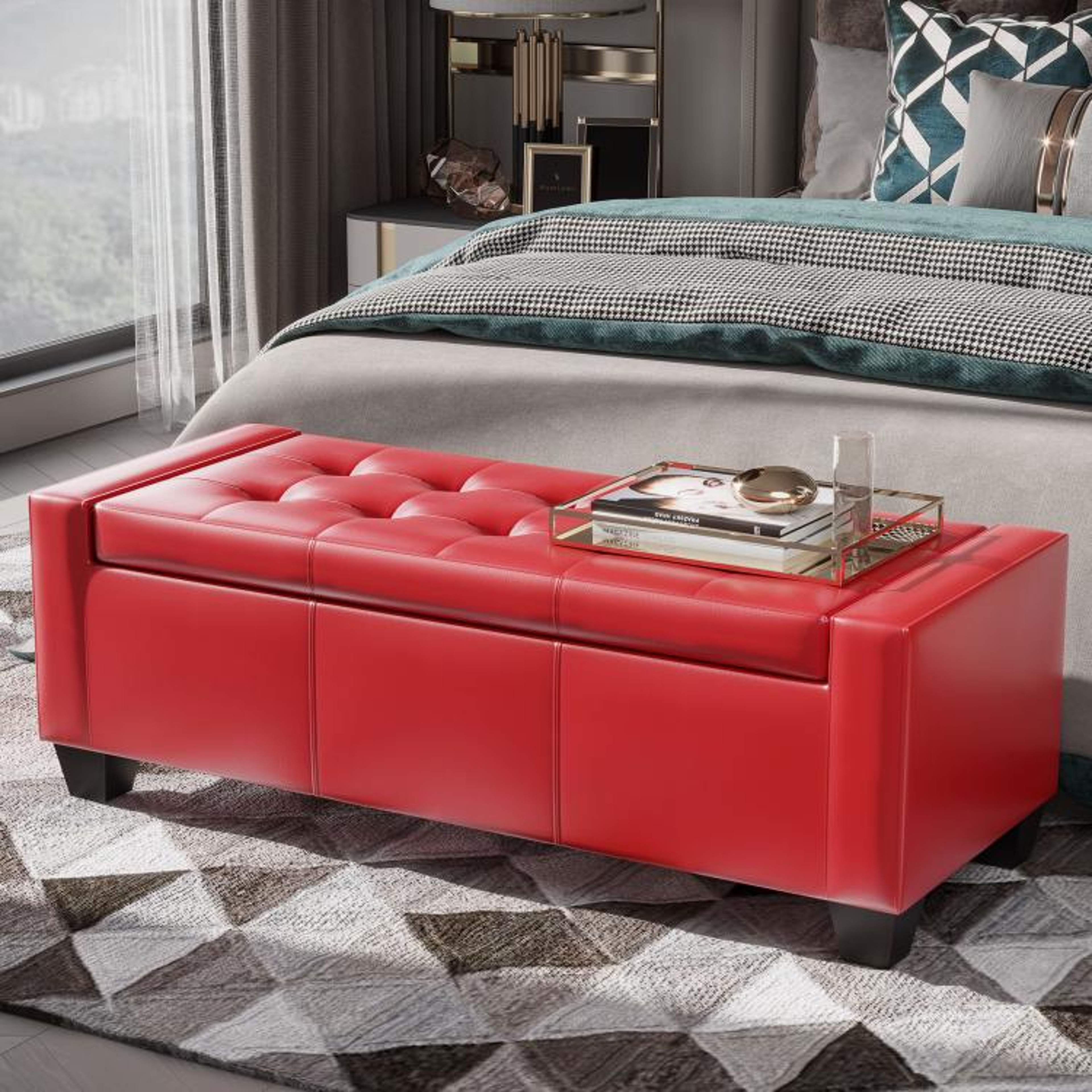 Faux Leather Storage Ottoman Bench With Tufted Seat In Bright Red 2