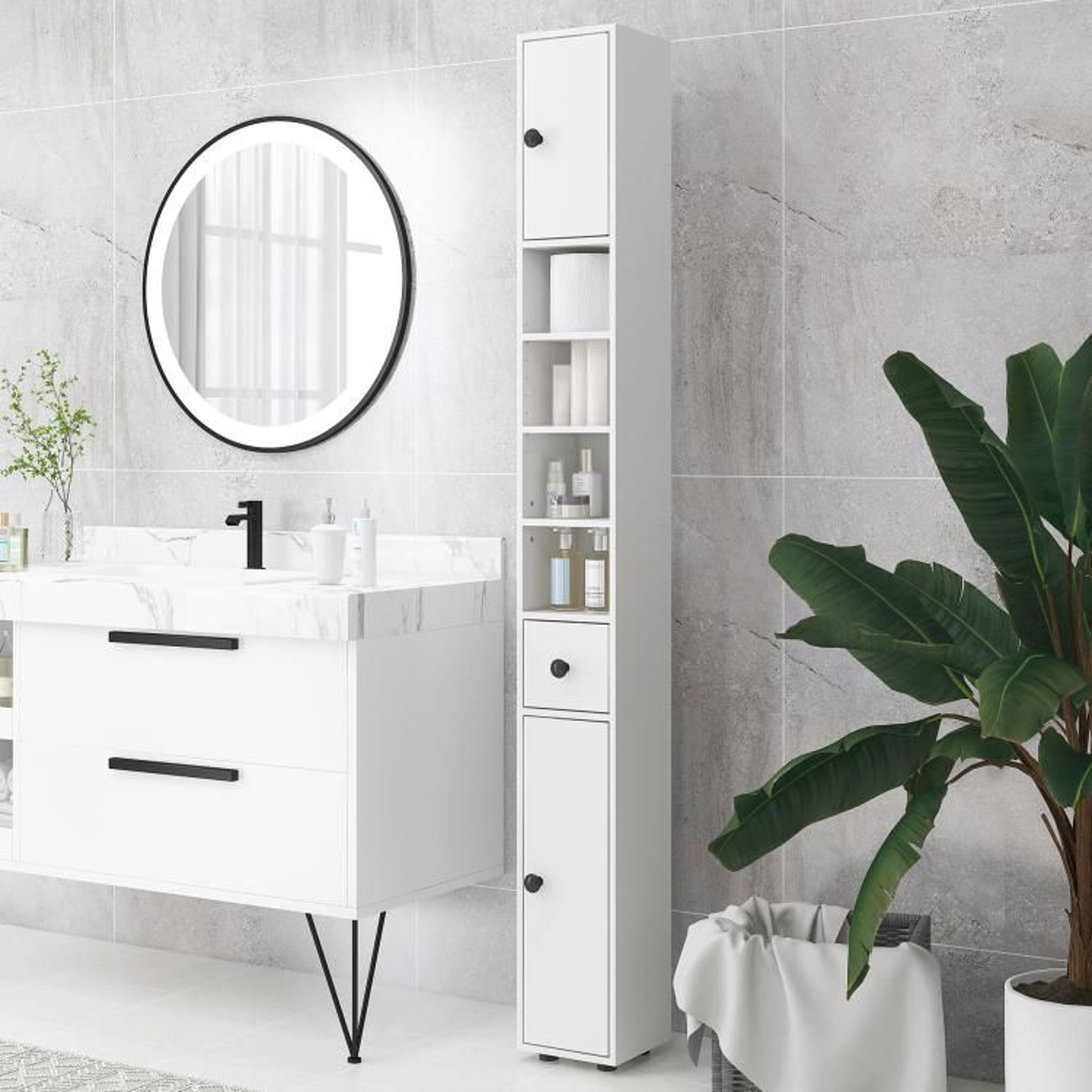 71Inch Narrow Bathroom Storage Cabinet With Adjustable Shelves In White 1