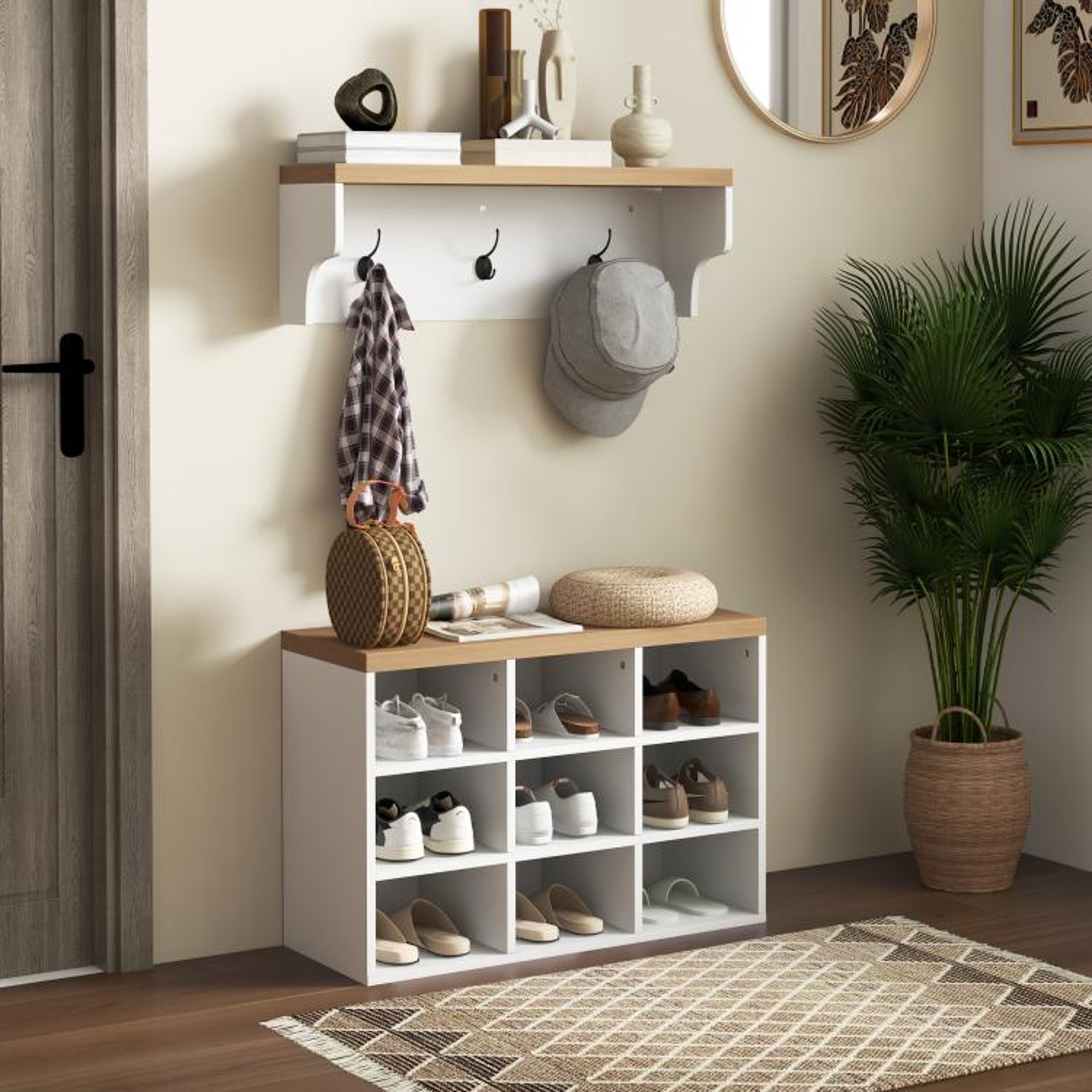 2in1 Coat Rack And Shoe Storage Bench With 5 Hooks And 9Pair Shoe Rack 2