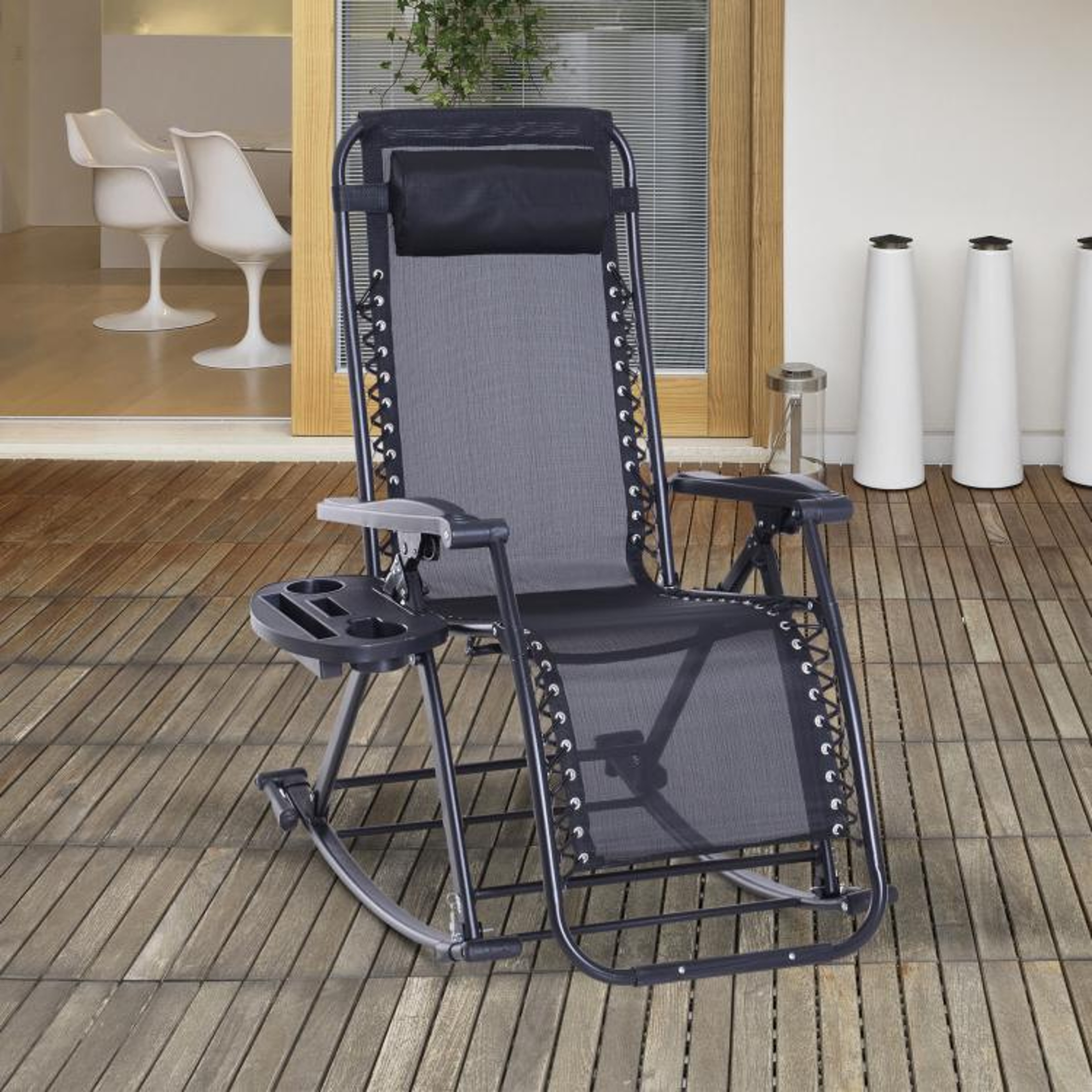 Outdoor Zero Gravity Rocking Chair With Reclining Backrest And Folding Frame  Black 3