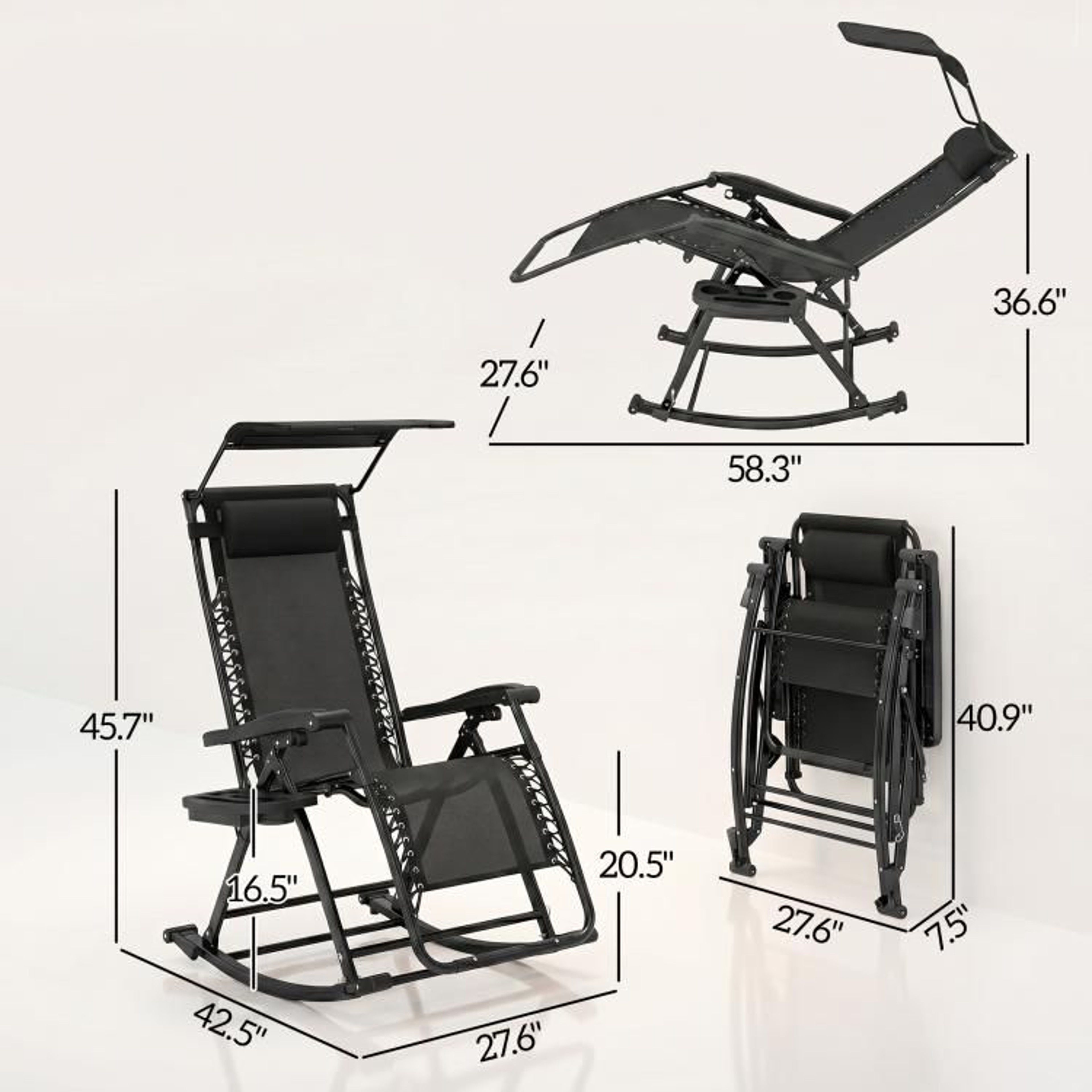 Outdoor Zero Gravity Rocking Chair With Reclining Backrest And Folding Frame  Black 4