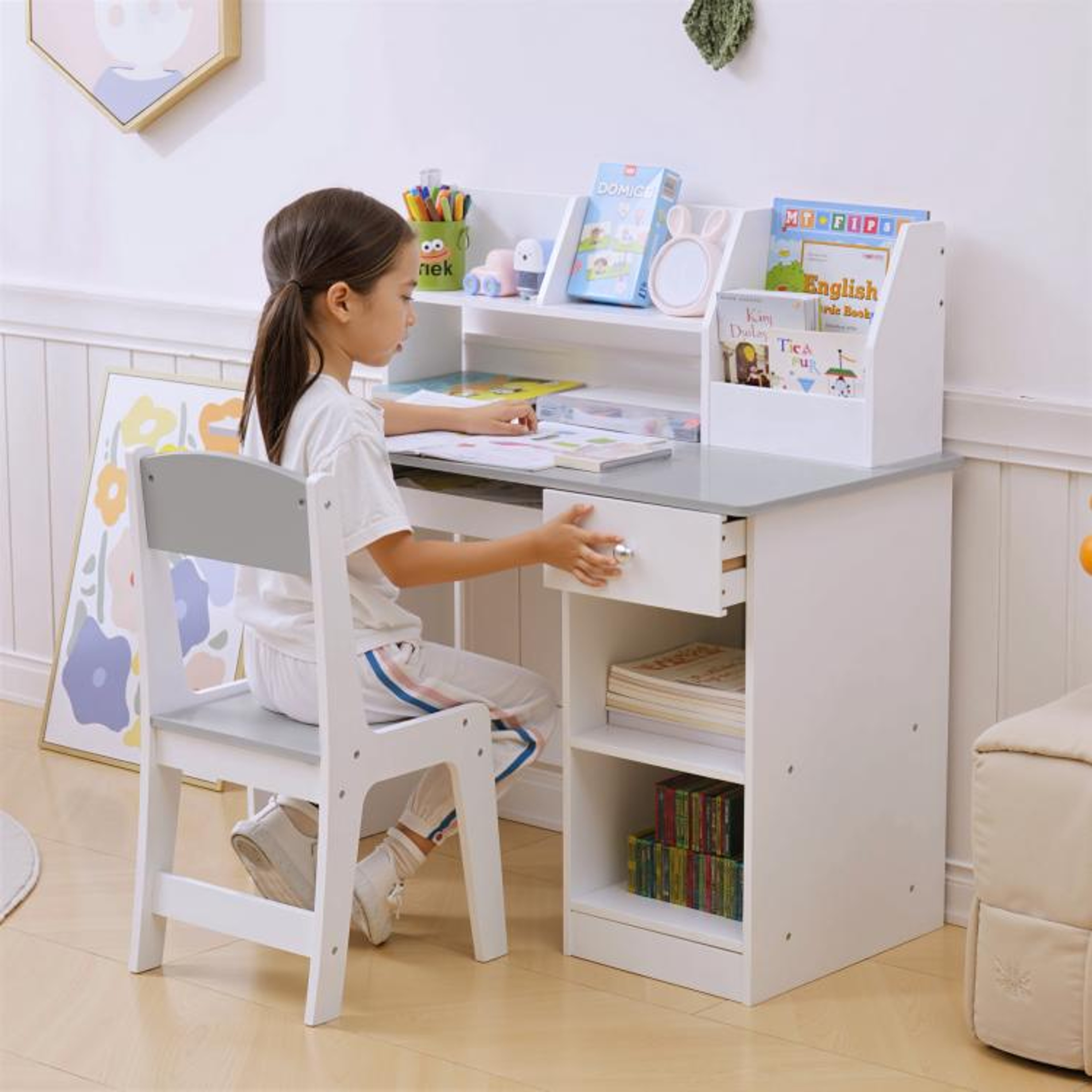 Kids Study Desk And Chair Set With Storage For Ages 58  Gray 2