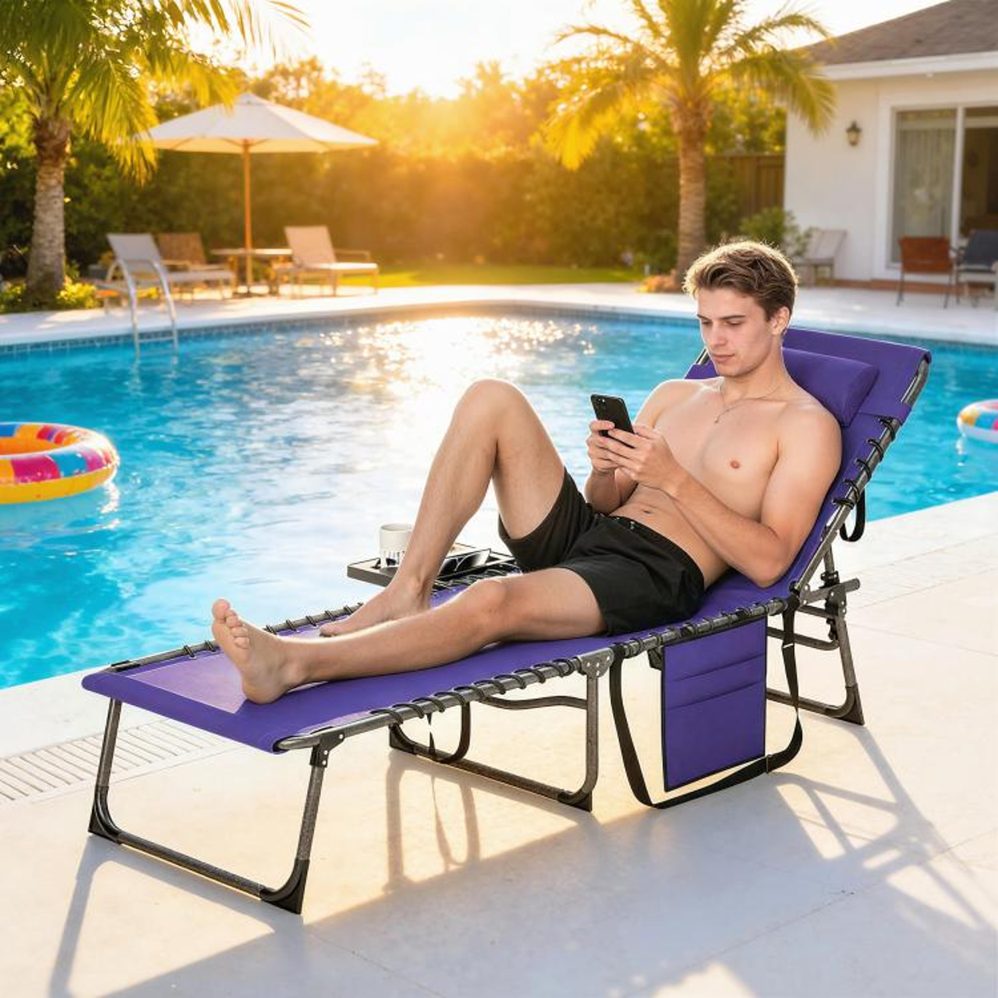 Folding Outdoor Chaise Lounge Chair With  Backrest And Side Table  Purple 3