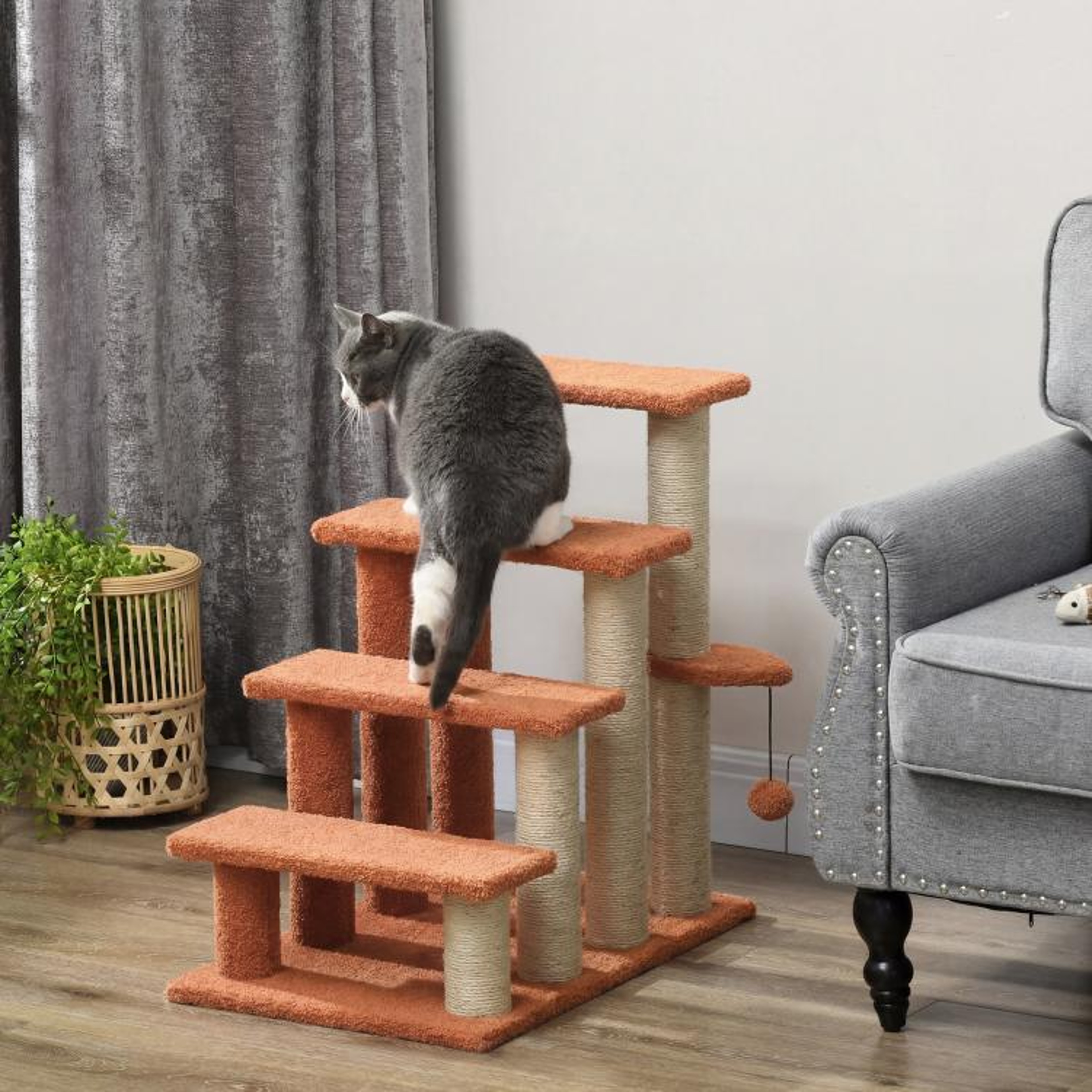 Cat Stairs With Scratching Posts And Hanging Toy Ball For Beds And Sofas Brown 2