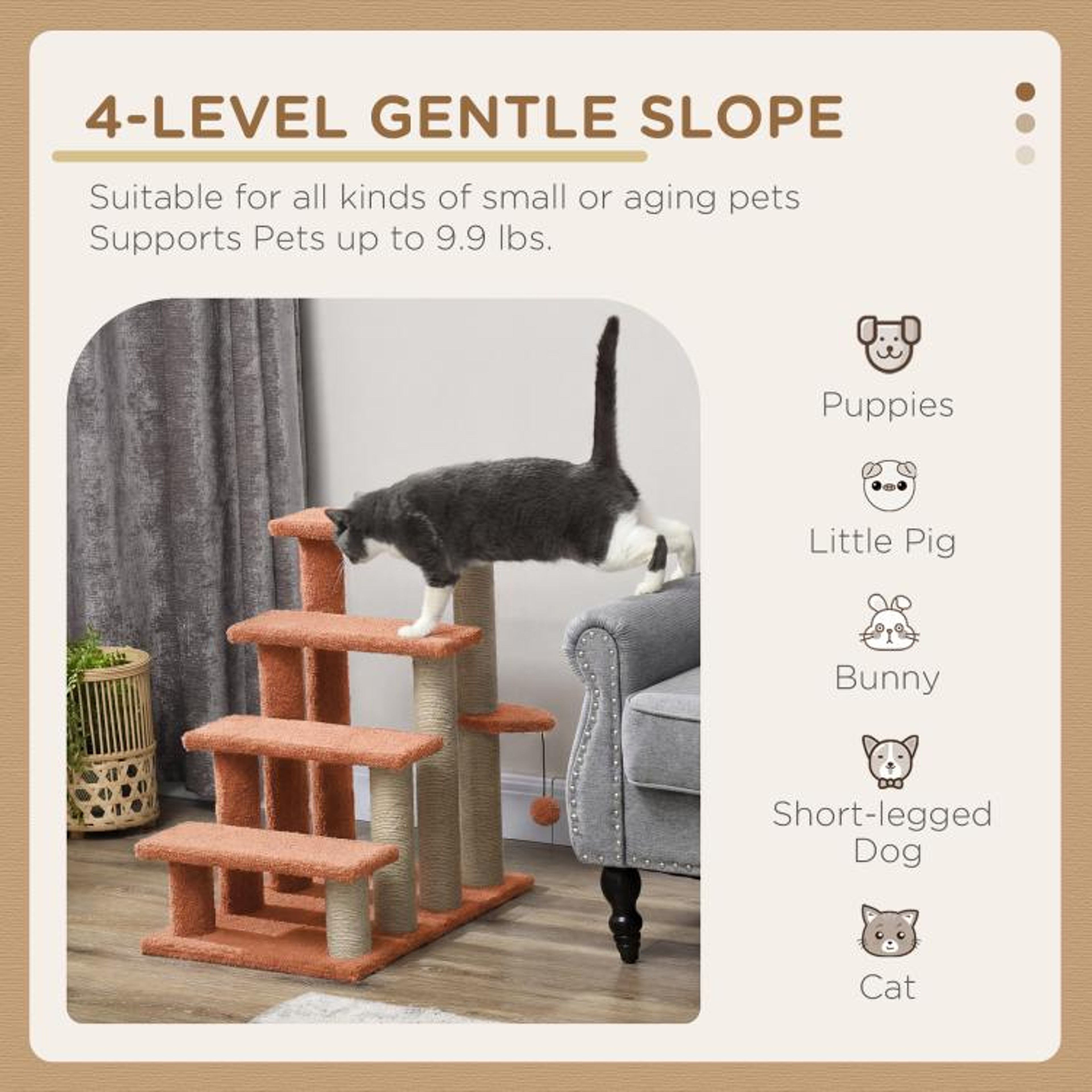 Cat Stairs With Scratching Posts And Hanging Toy Ball For Beds And Sofas Brown 6