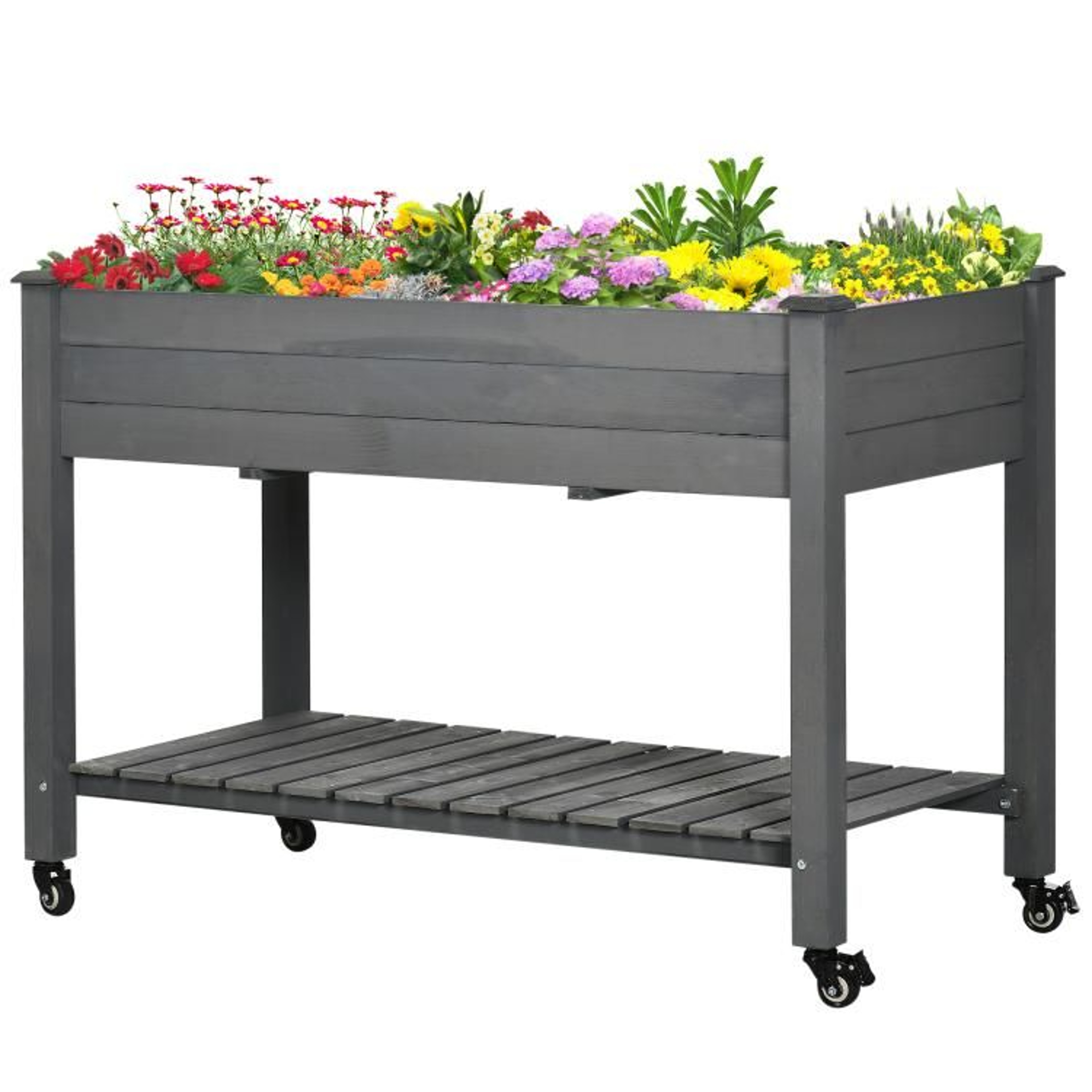Raised Garden Bed With Wheels And Storage Shelf  Dark Gray Wooden Planter Box 1