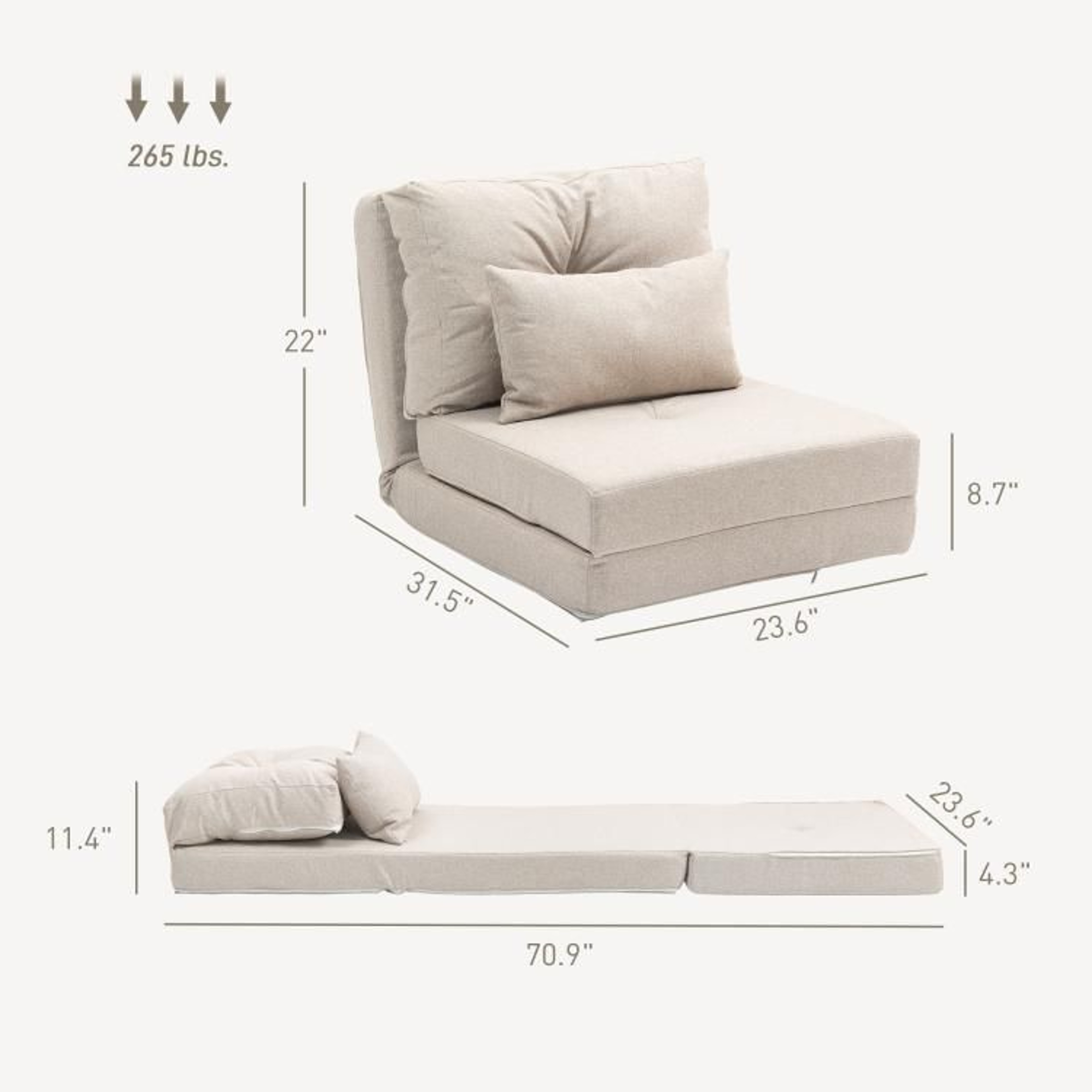 Convertible Floor Chair Sofa Bed With 5Position Adjustable Backrest  Beige 3