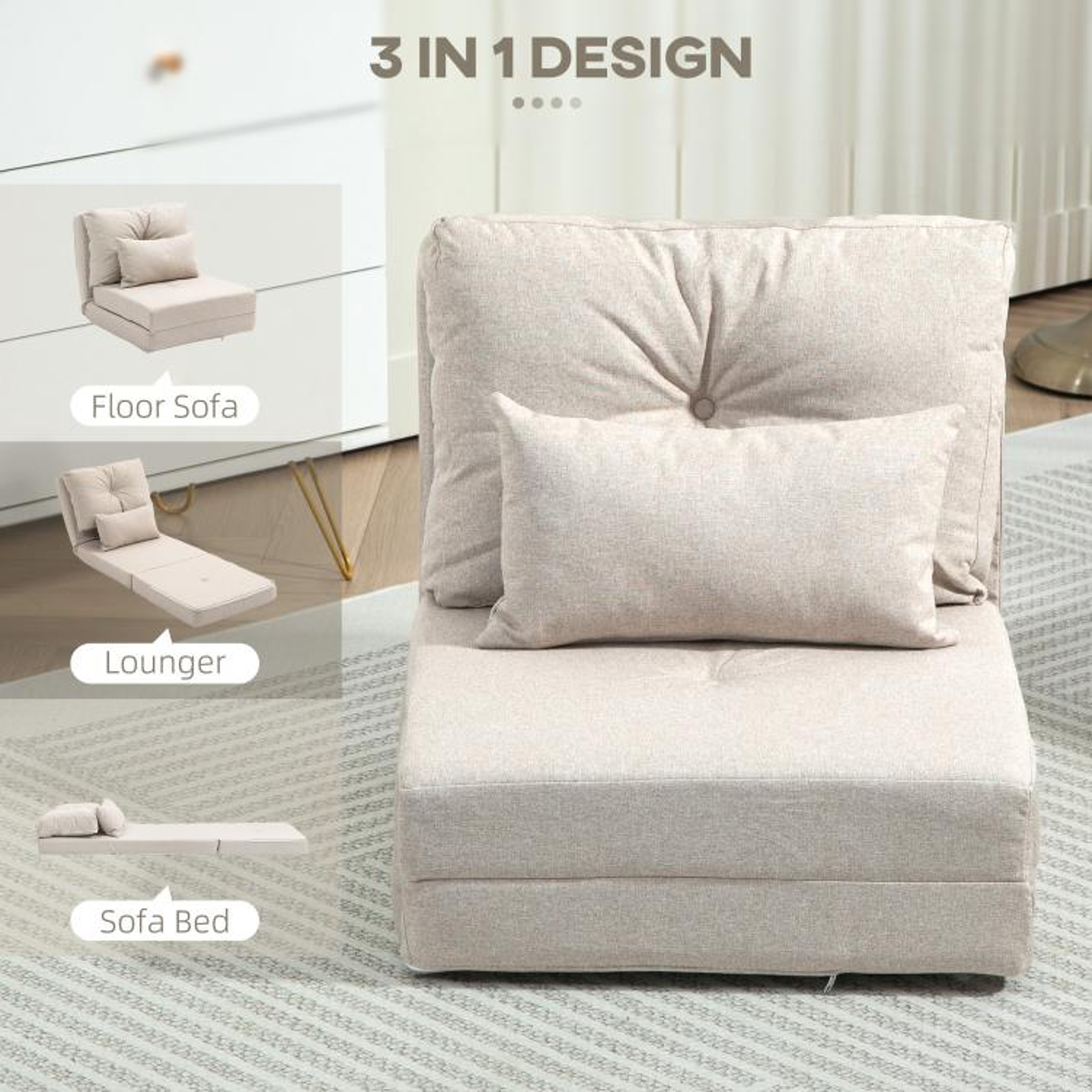 Convertible Floor Chair Sofa Bed With 5Position Adjustable Backrest  Beige 5