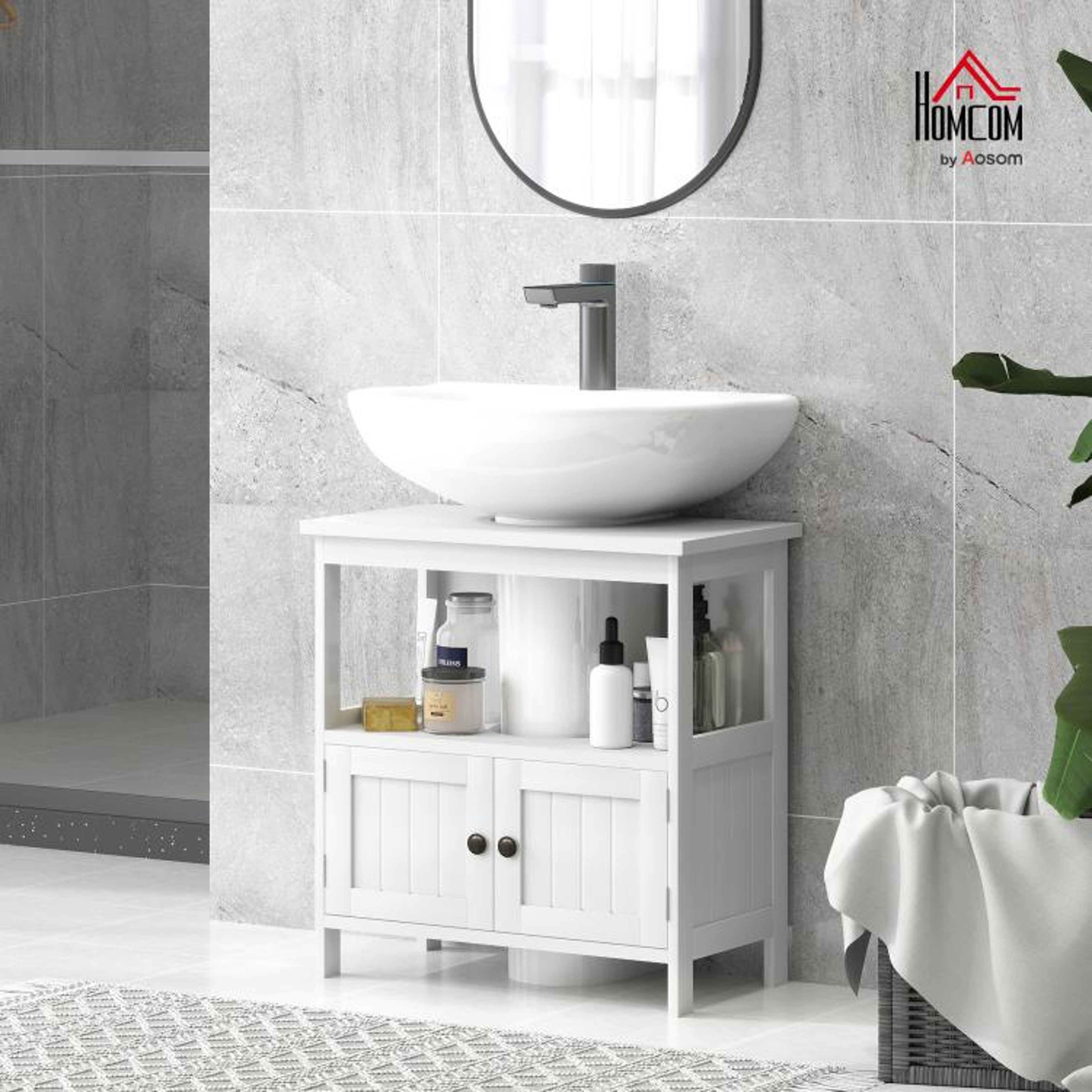 Pedestal Sink Storage Cabinet With 2 Doors And Open Shelf In White 3