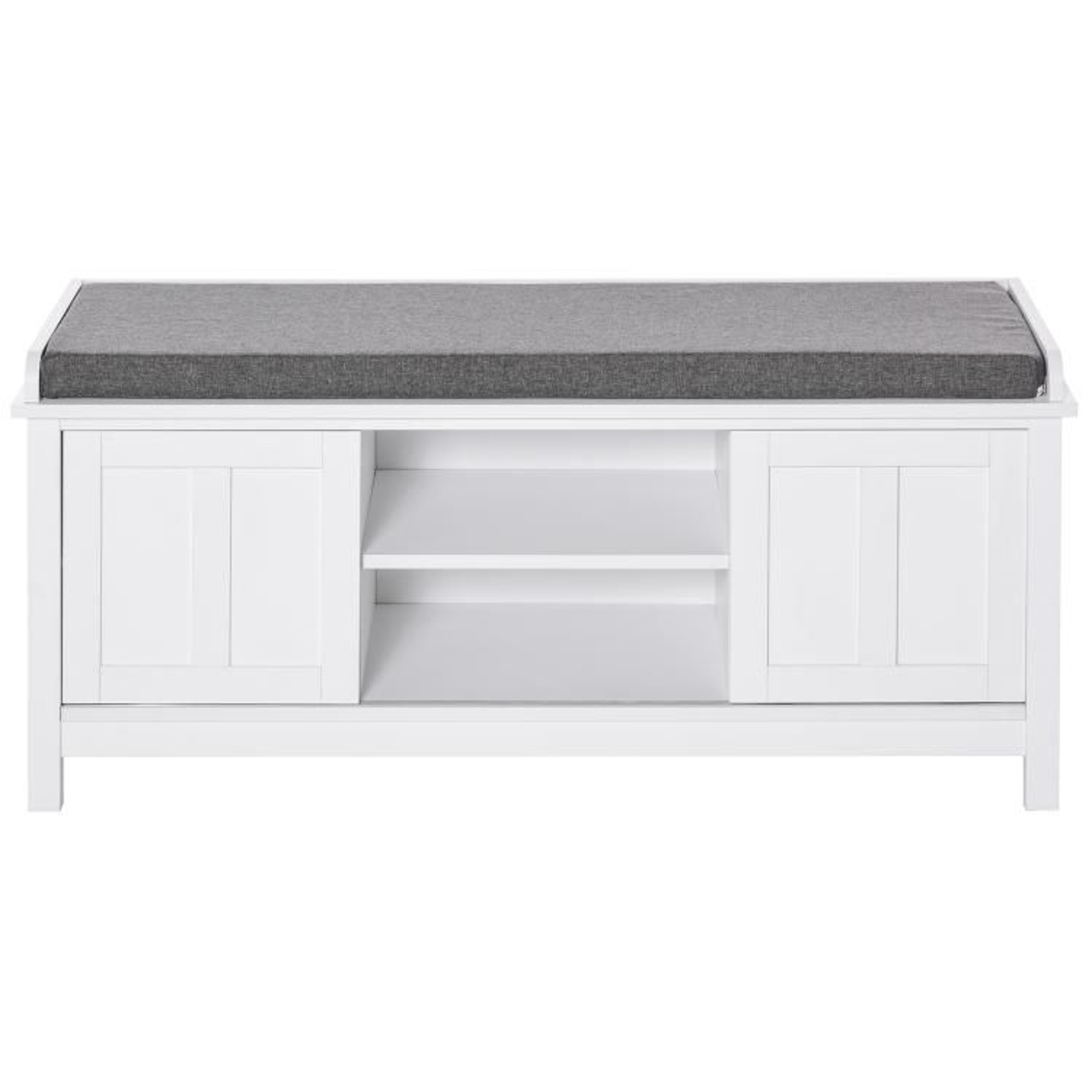 Entryway Shoe Storage Bench With Cushioned Seat And Sliding Doors In White 1