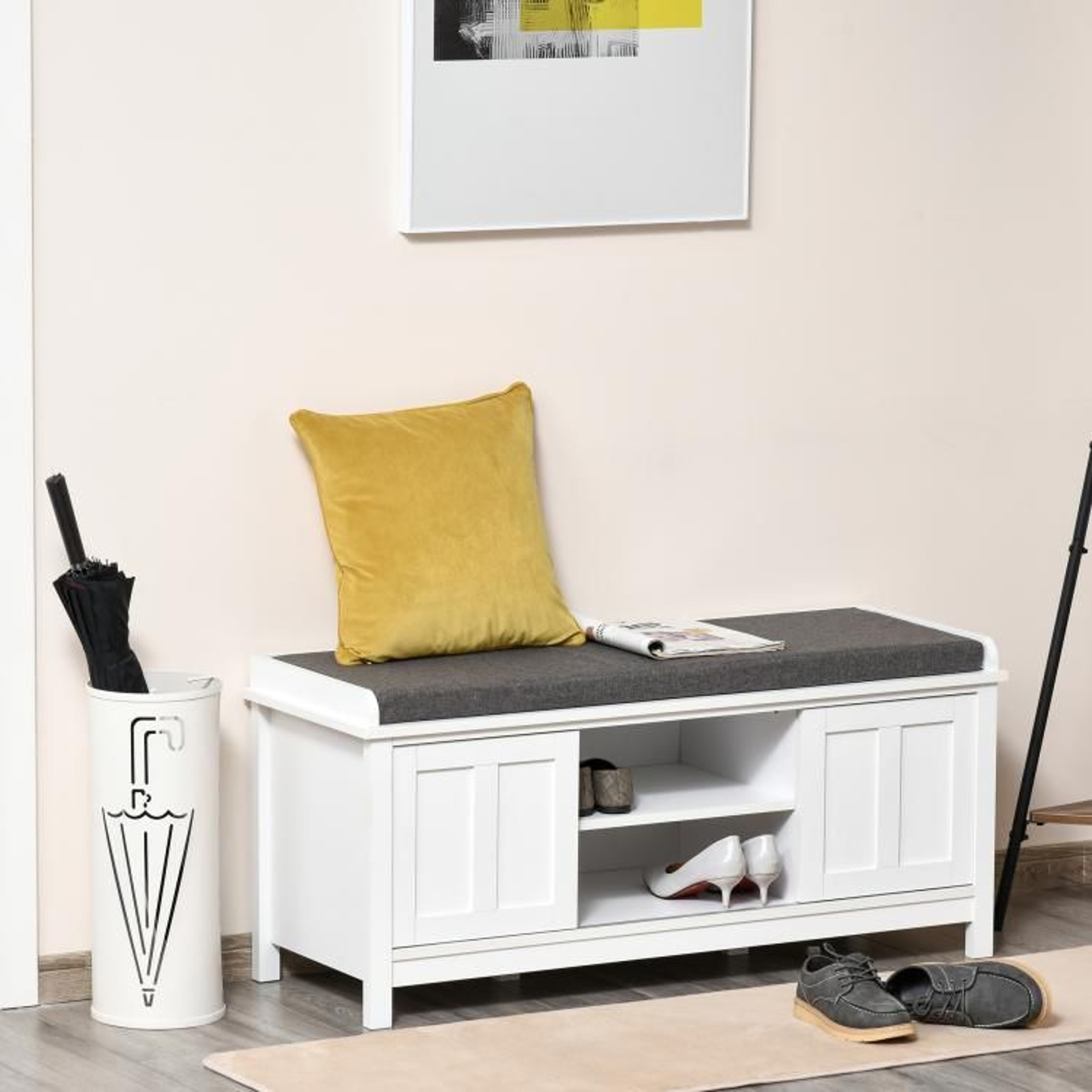 Entryway Shoe Storage Bench With Cushioned Seat And Sliding Doors In White 2