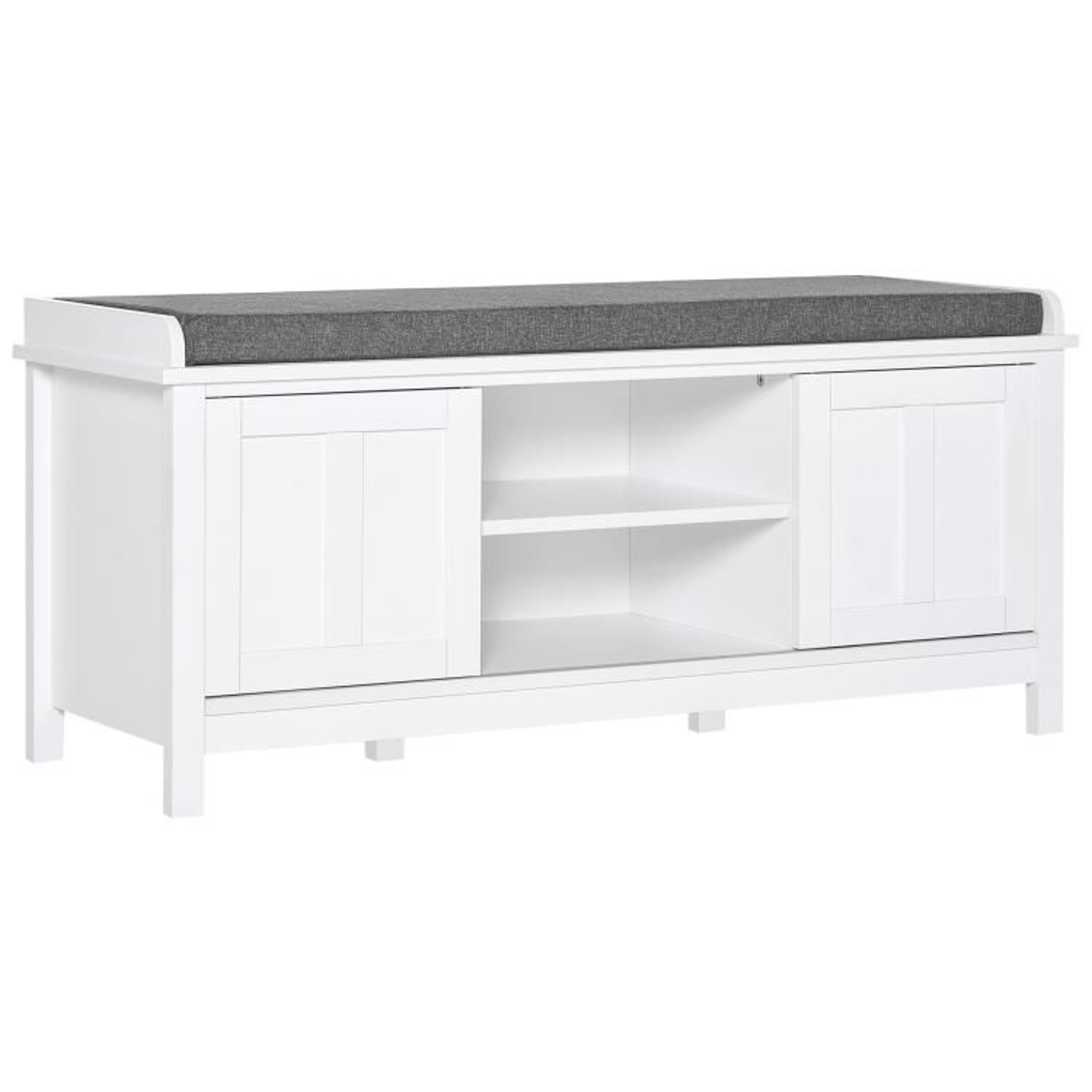 Entryway Shoe Storage Bench With Cushioned Seat And Sliding Doors In White 0