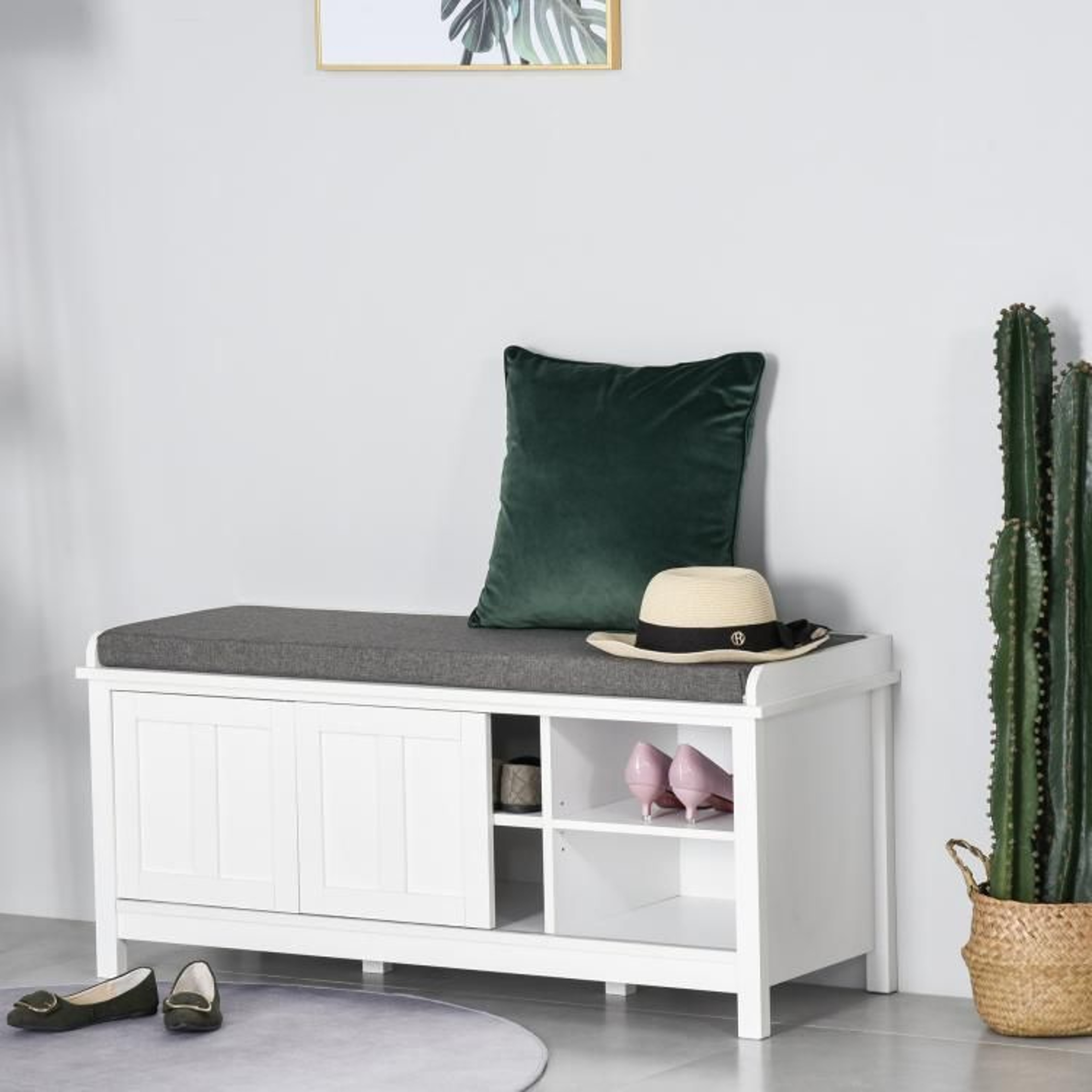 Entryway Shoe Storage Bench With Cushioned Seat And Sliding Doors In White 3