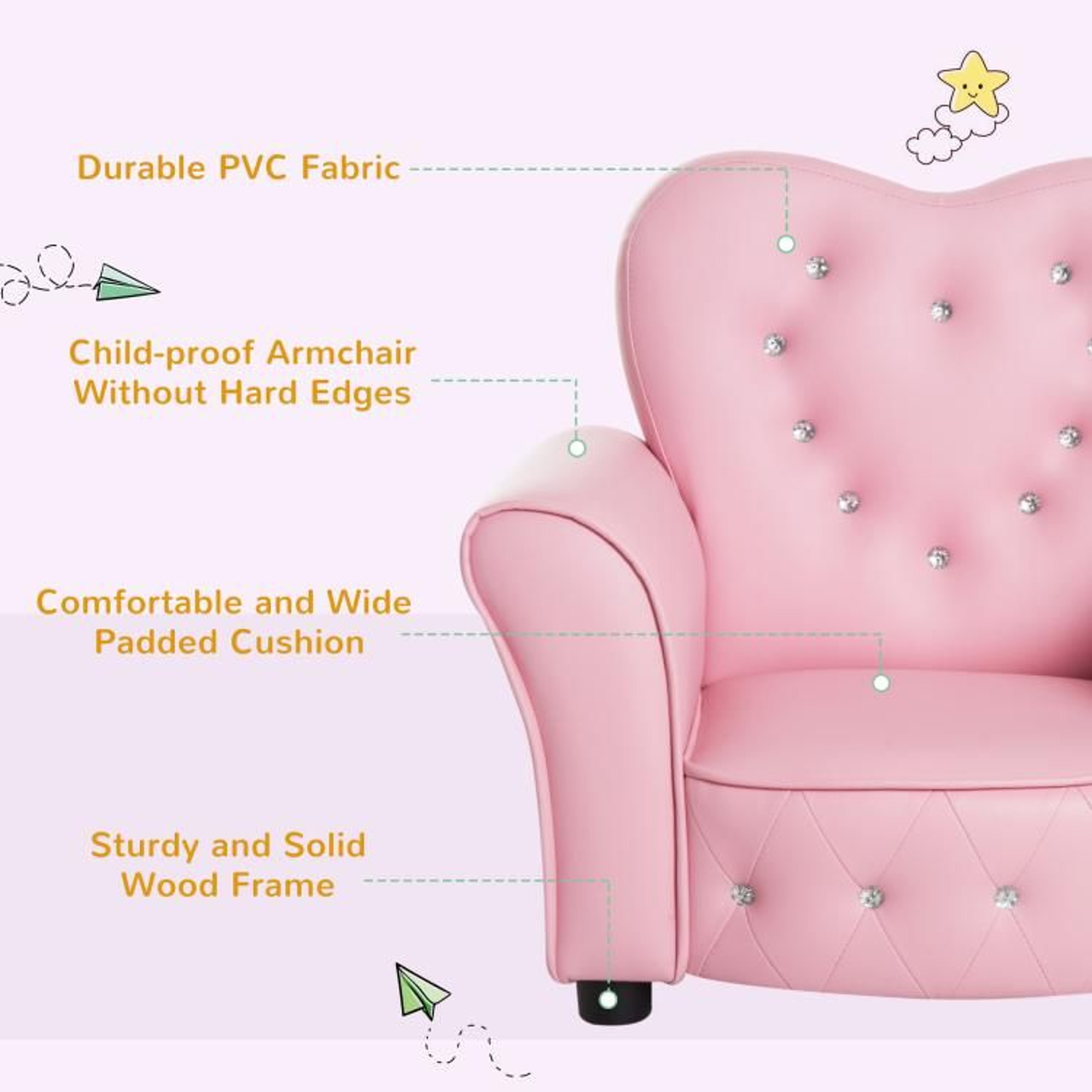 Kids Princess Sofa Chair With Pink Tufted Upholstery And Diamond Accents 4