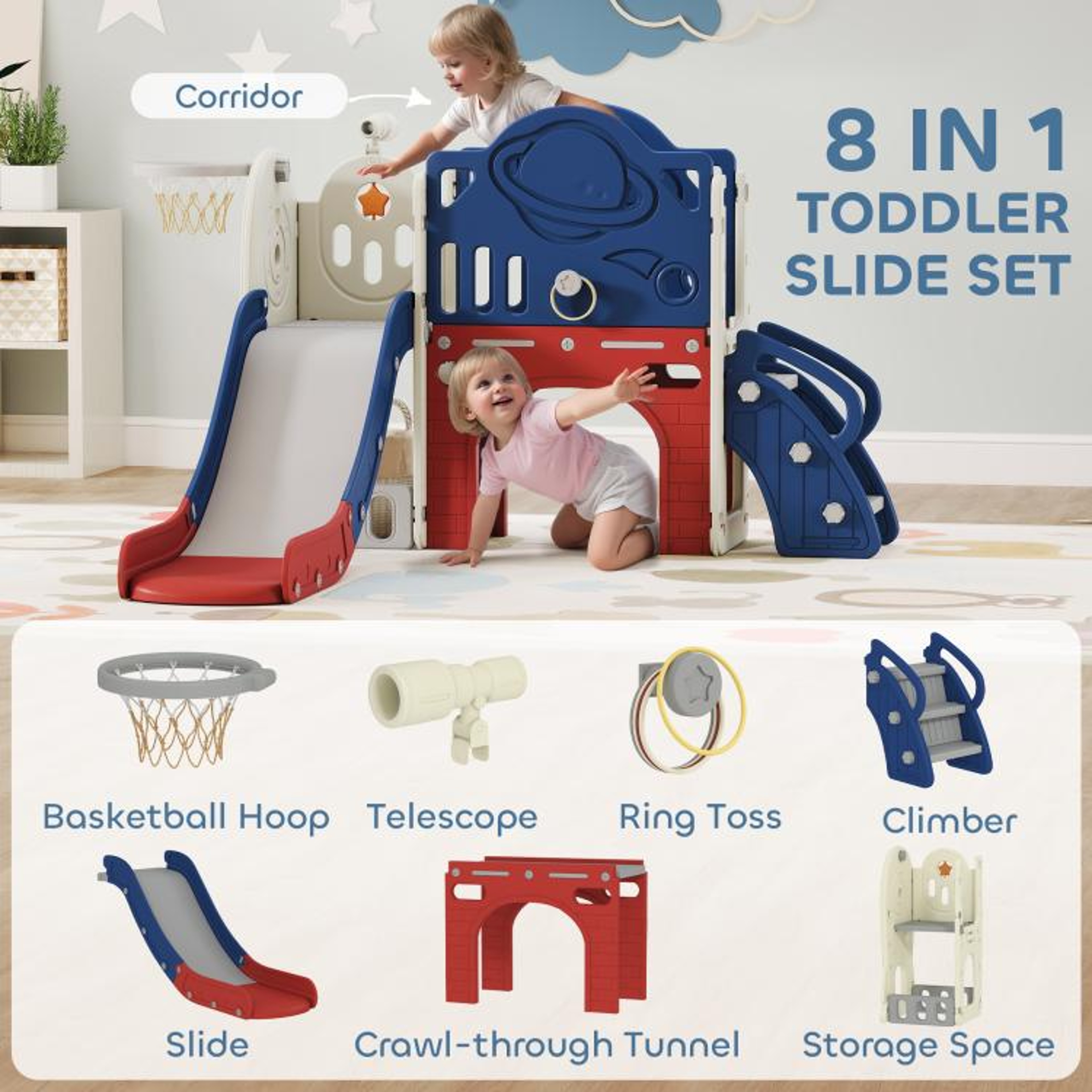 8in1 Toddler Slide Set With Basketball Hoop And Climber For Indoor Outdoor Play 5