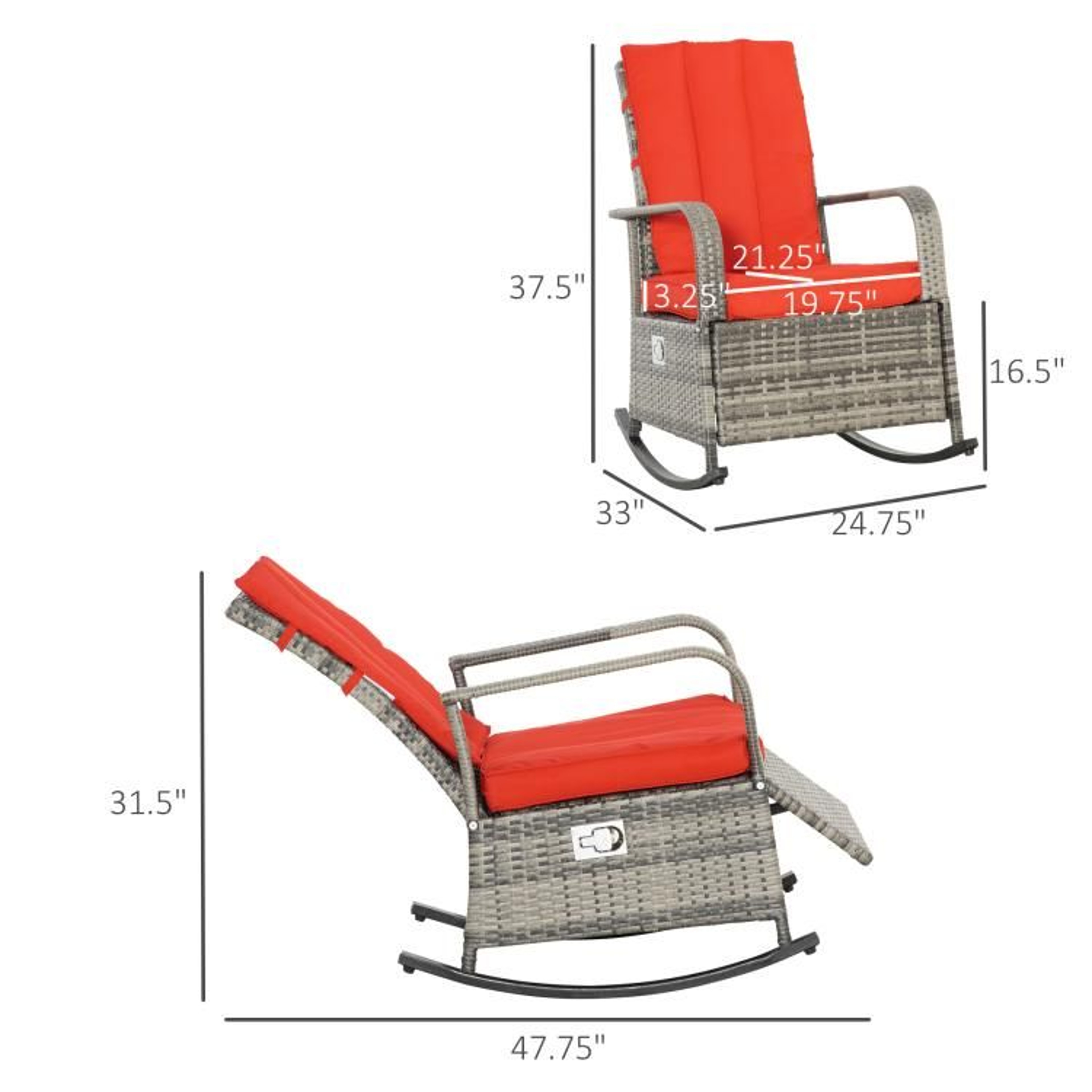 Outdoor Wicker Rocking Recliner Chair With Adjustable Footrest And Red Cushions 4