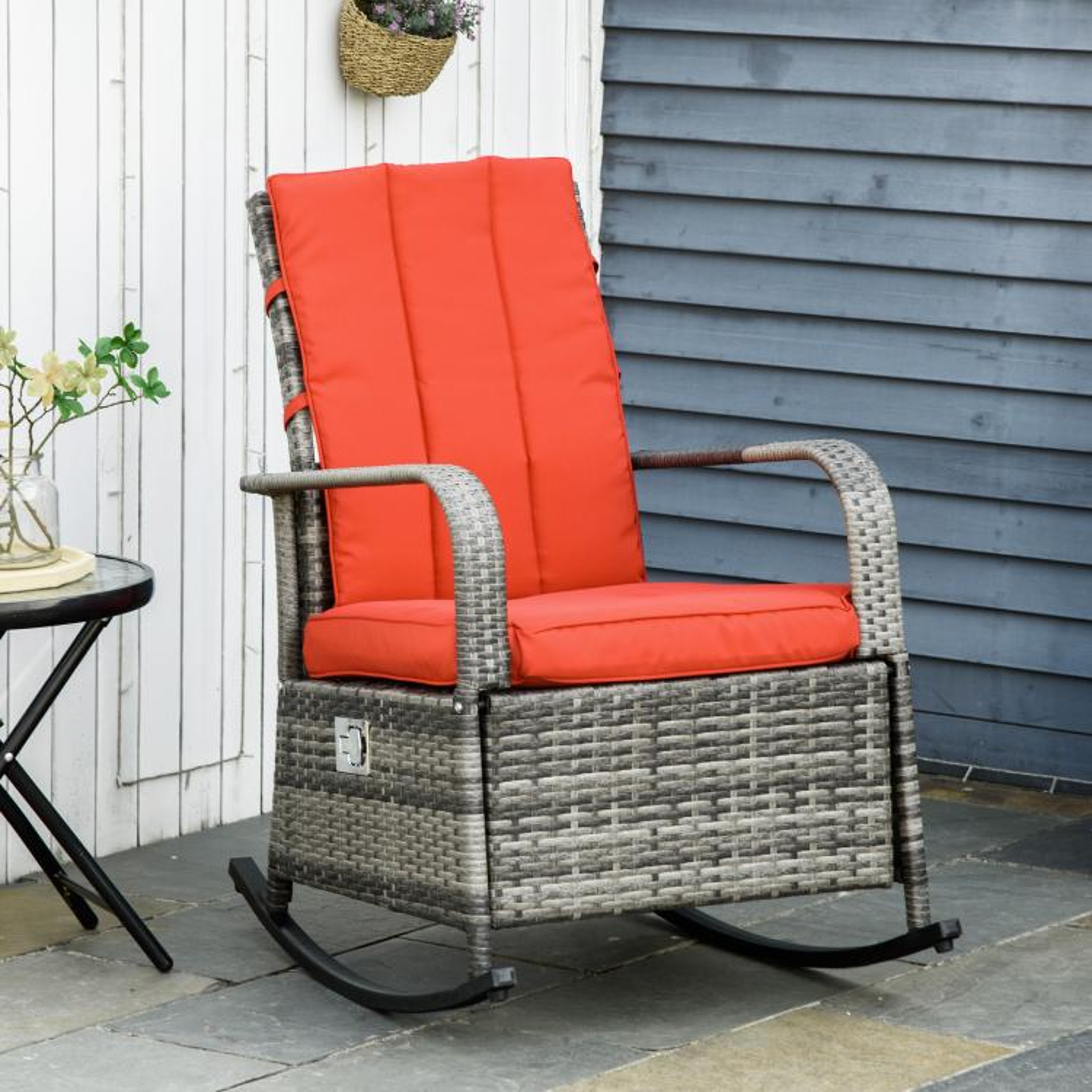 Outdoor Wicker Rocking Recliner Chair With Adjustable Footrest And Red Cushions 2