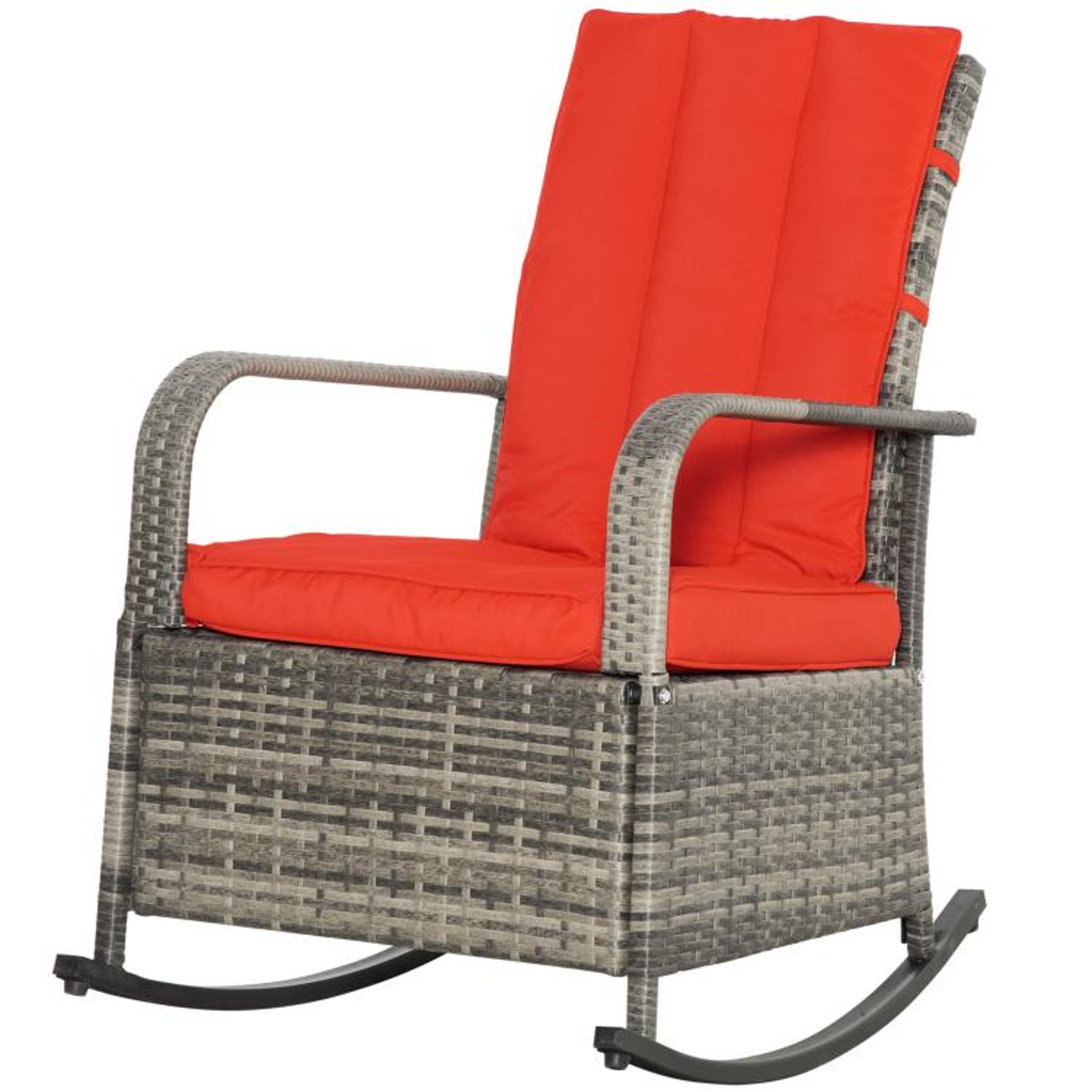 Outdoor Wicker Rocking Recliner Chair With Adjustable Footrest And Red Cushions 1