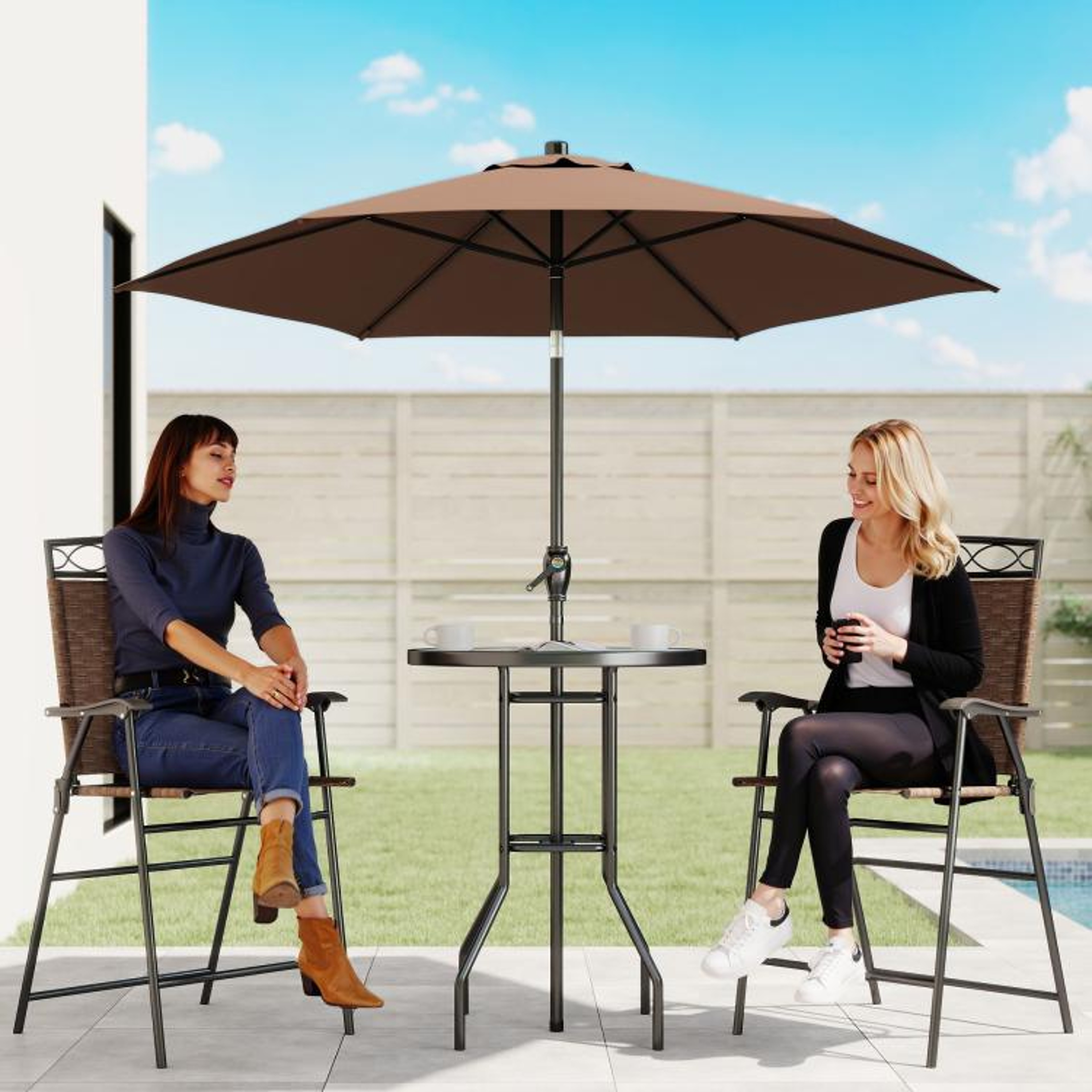 Outdoor Patio Bar Set With Adjustable Umbrella And Folding Chairs Brown 3