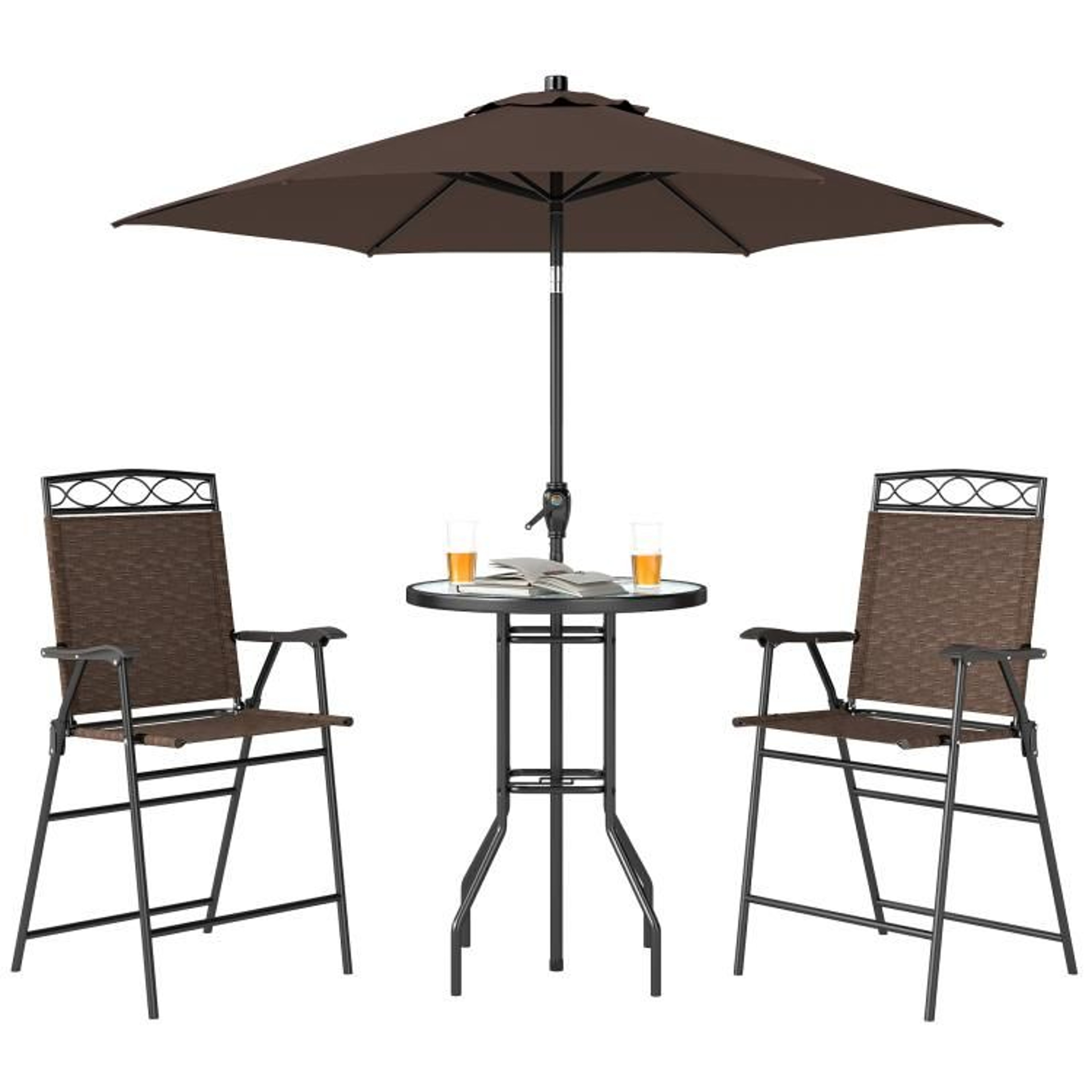 Outdoor Patio Bar Set With Adjustable Umbrella And Folding Chairs Brown 1