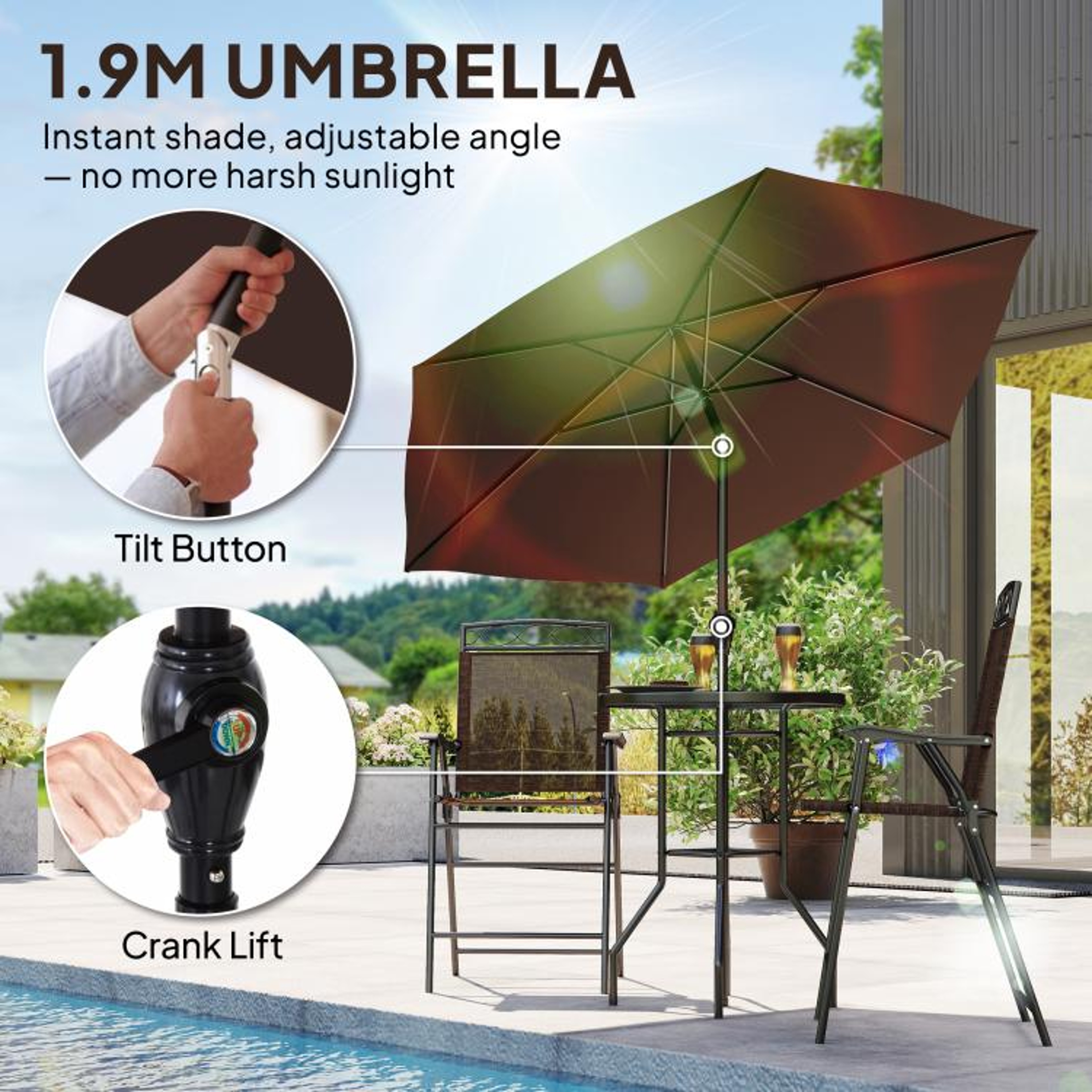 Outdoor Patio Bar Set With Adjustable Umbrella And Folding Chairs Brown 6
