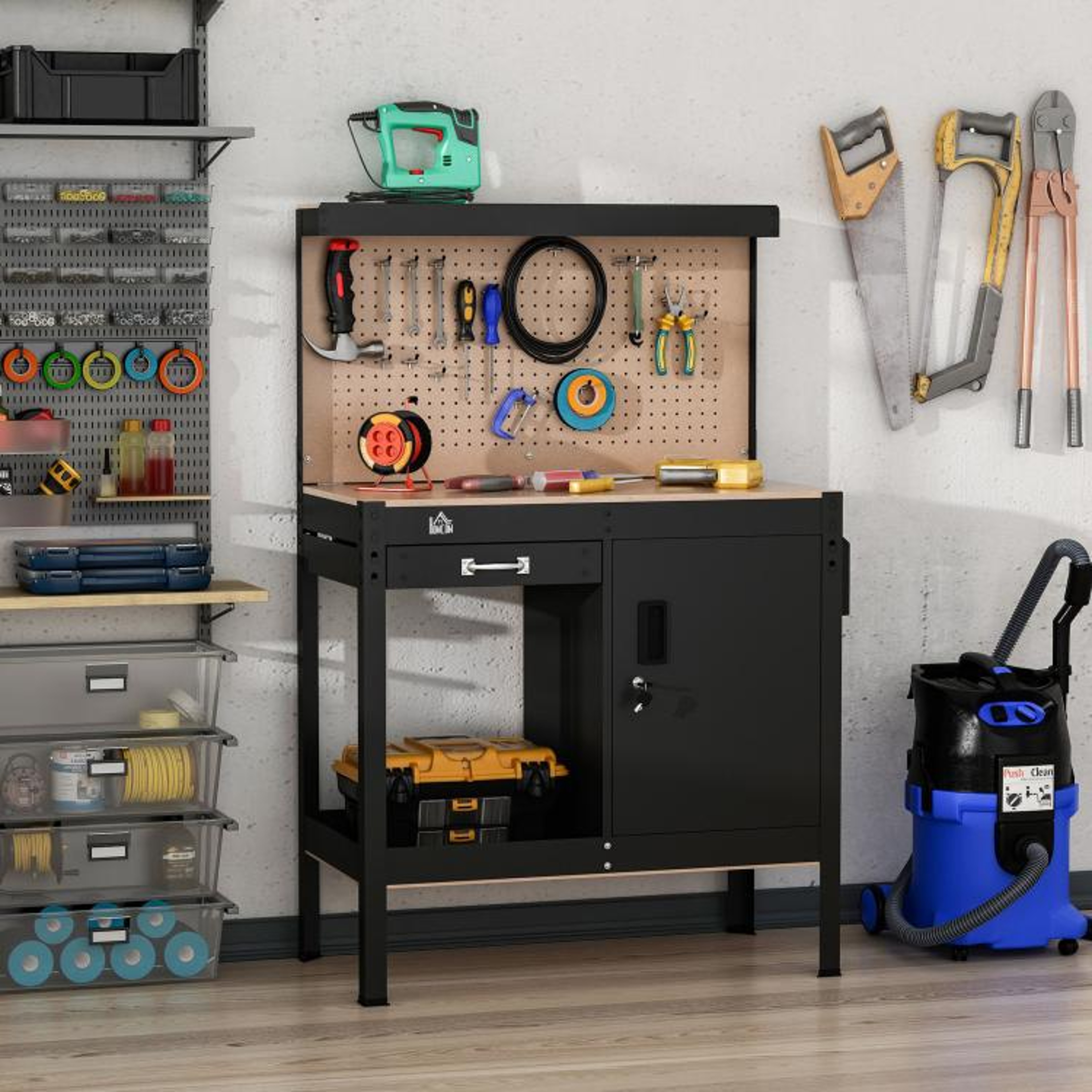 Multipurpose Workbench With Pegboard Drawer And Lockable Storage Cabinet 2