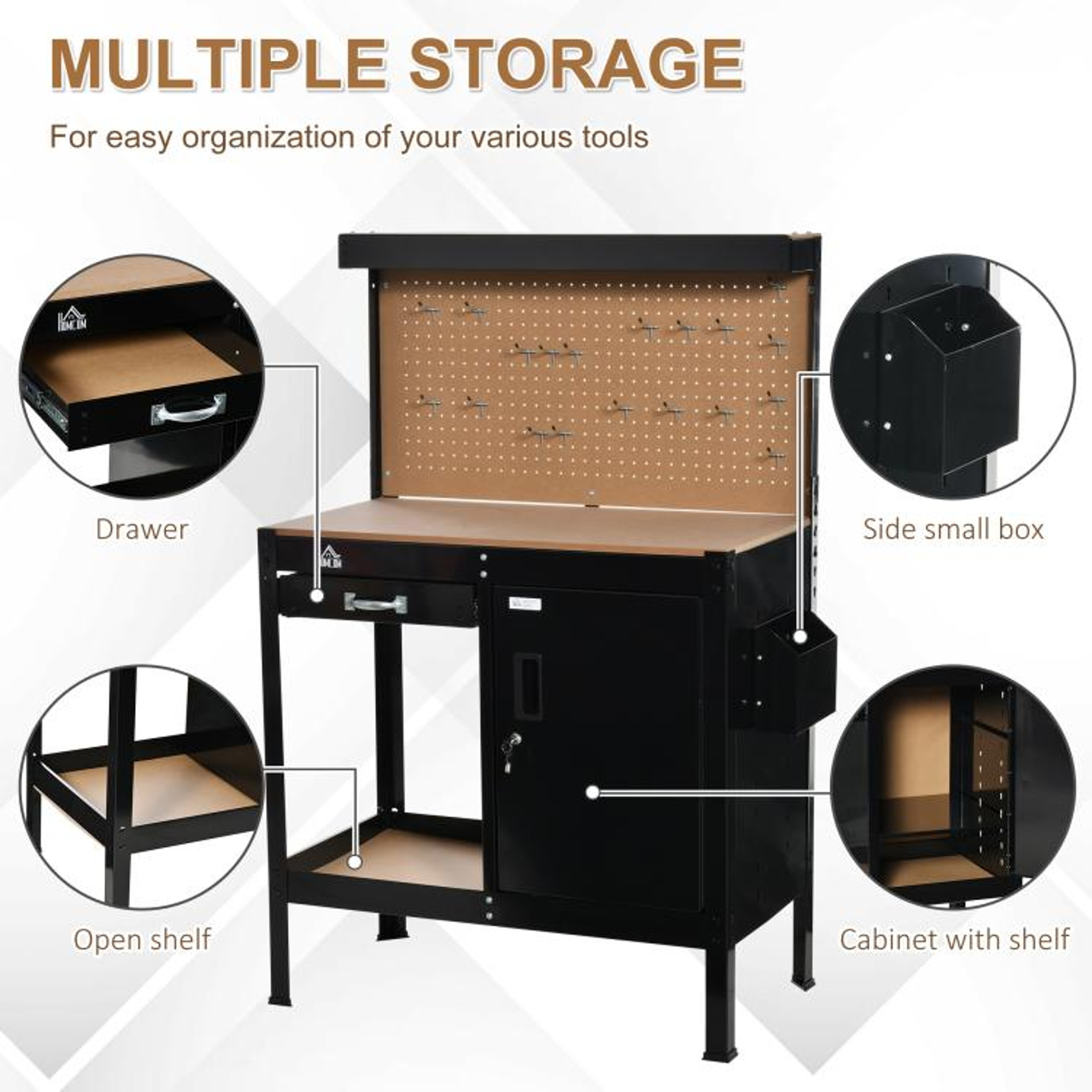 Multipurpose Workbench With Pegboard Drawer And Lockable Storage Cabinet 5