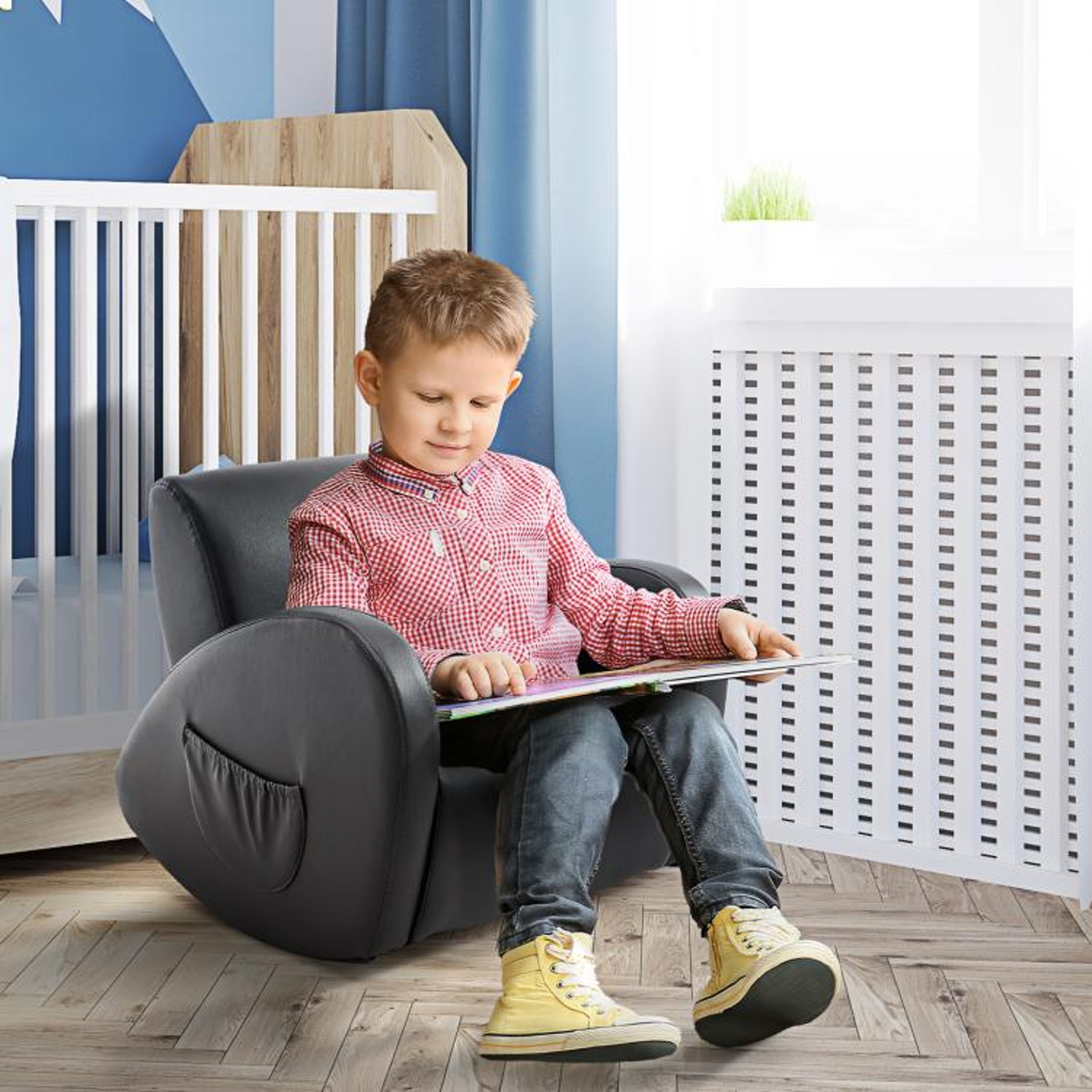 Kids Rocking Chair With PU Leather Upholstery  Side Pockets  Gray 2