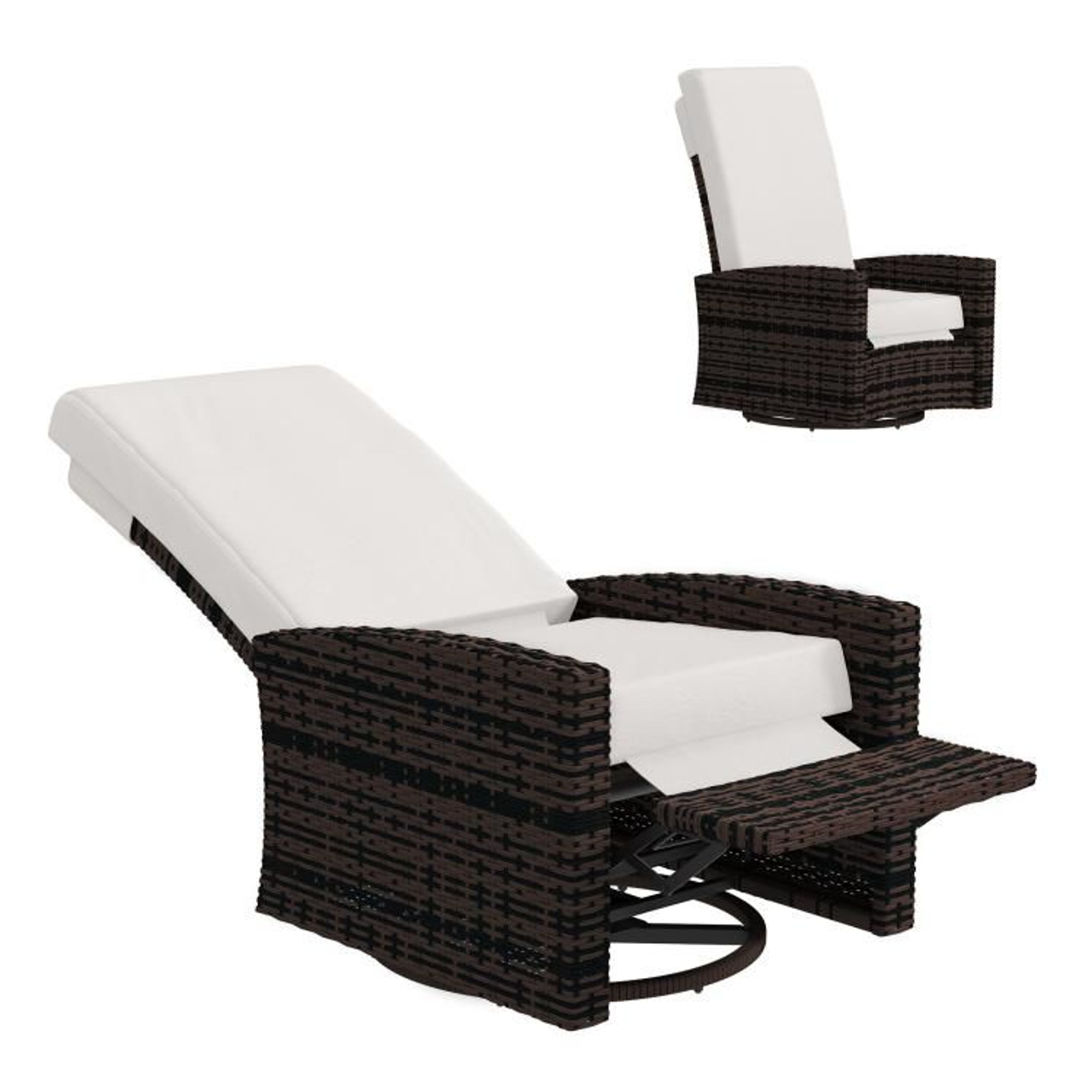 Outdoor Wicker Swivel Recliner Chair With Footrest  Khaki Cushions 0