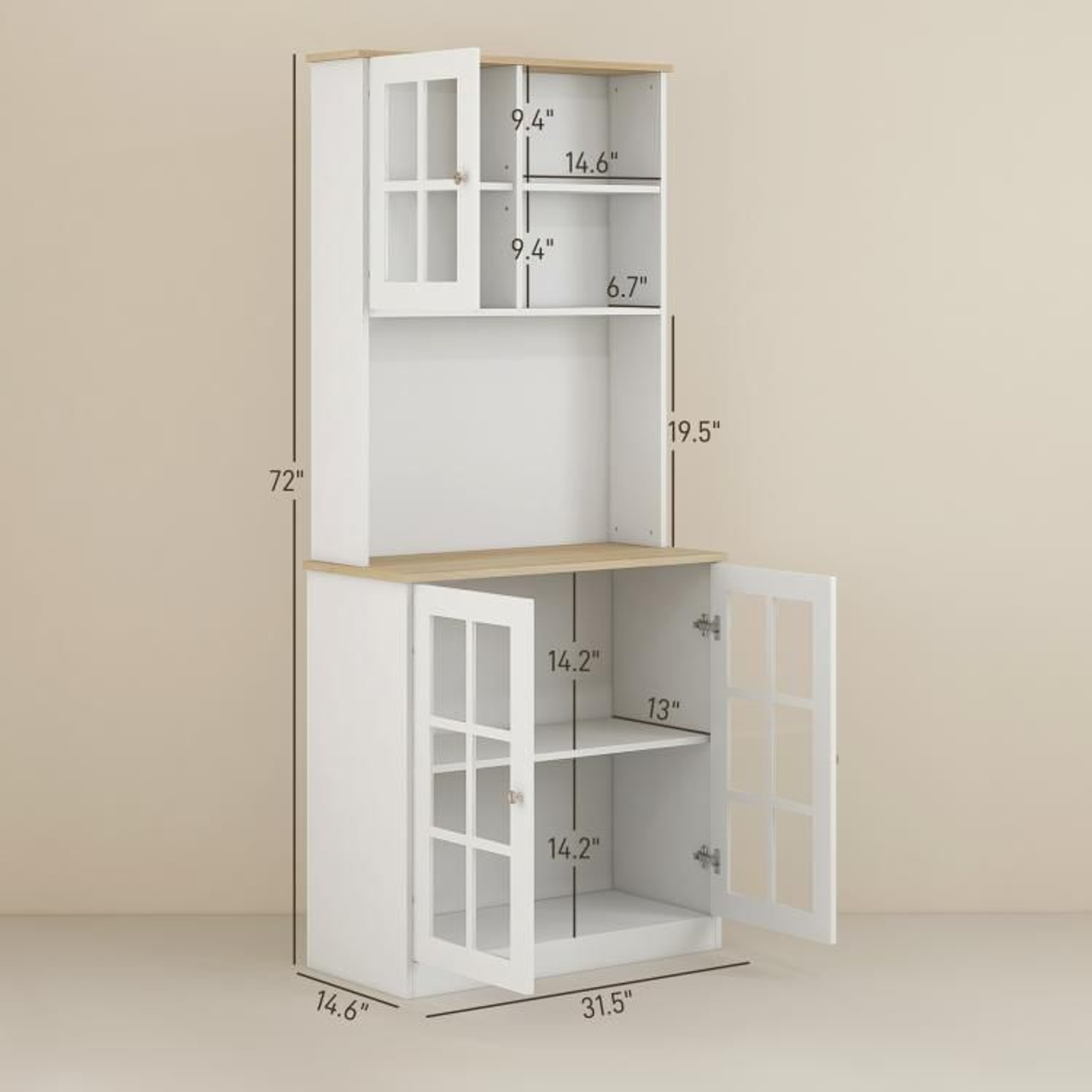 72Inch Freestanding Kitchen Pantry Storage Cabinet With Hutch And Glass Doors 4
