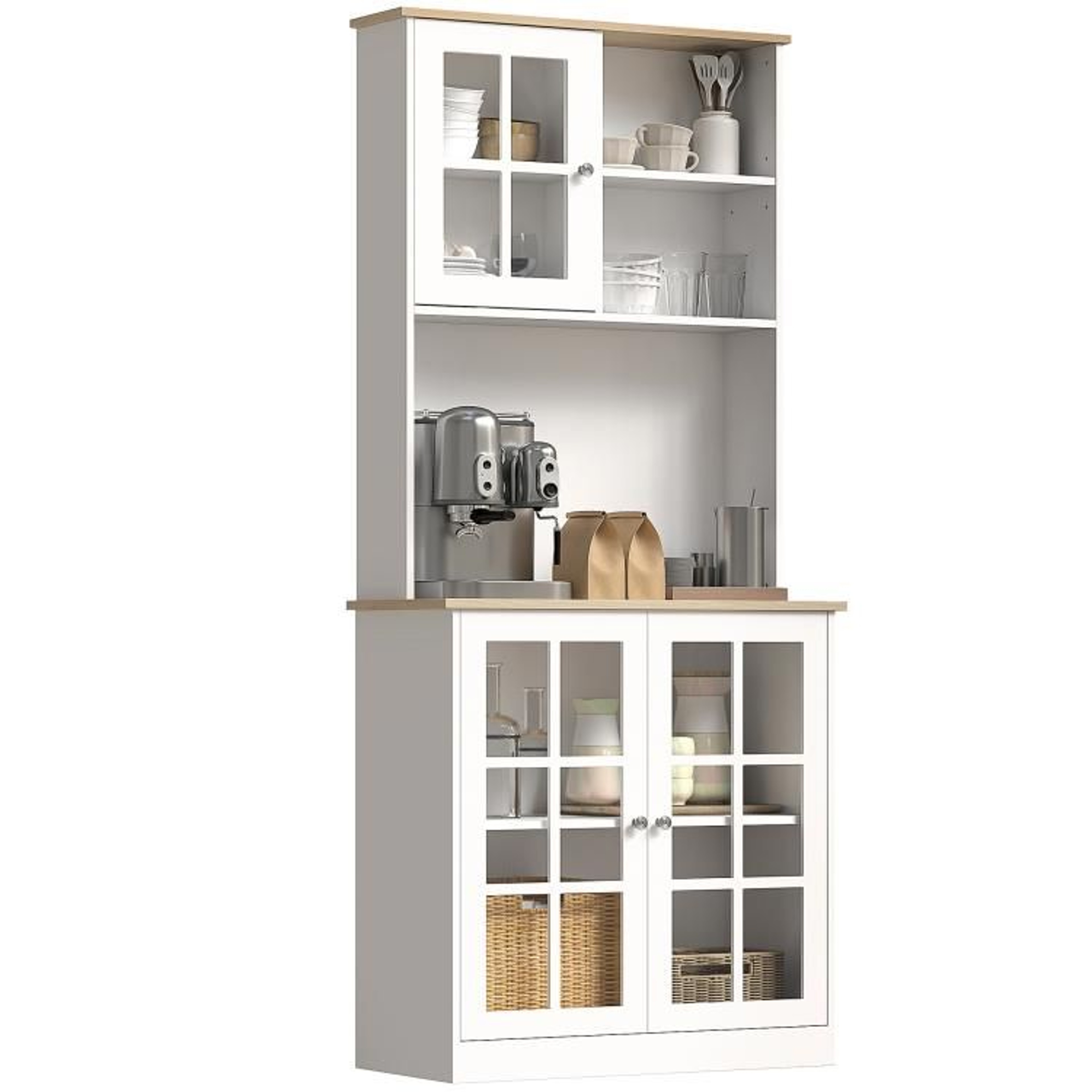72Inch Freestanding Kitchen Pantry Storage Cabinet With Hutch And Glass Doors 0